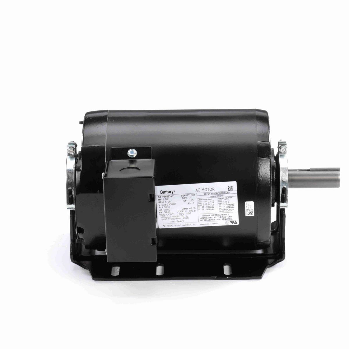 Century Fan and Blower Motor, 1 1/2 HP, 3 Ph, 60 Hz, 208-230/460 V, 1800 RPM, 56HZ Frame, ODP - RB3154AV1