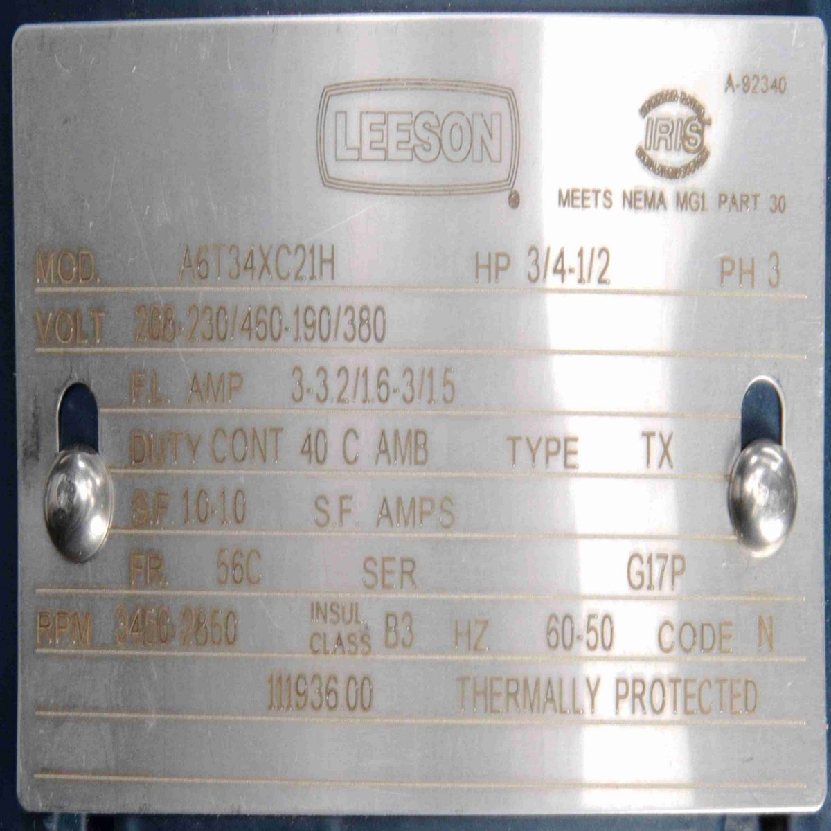 LEESON Explosion Proof Motor, 0.75 & 0.50 HP, 3 Ph, 60 & 50 Hz, 208-230/460 & 190/380 V, 3600 & 3000 RPM, 56C Frame, EPFC - 111936.00