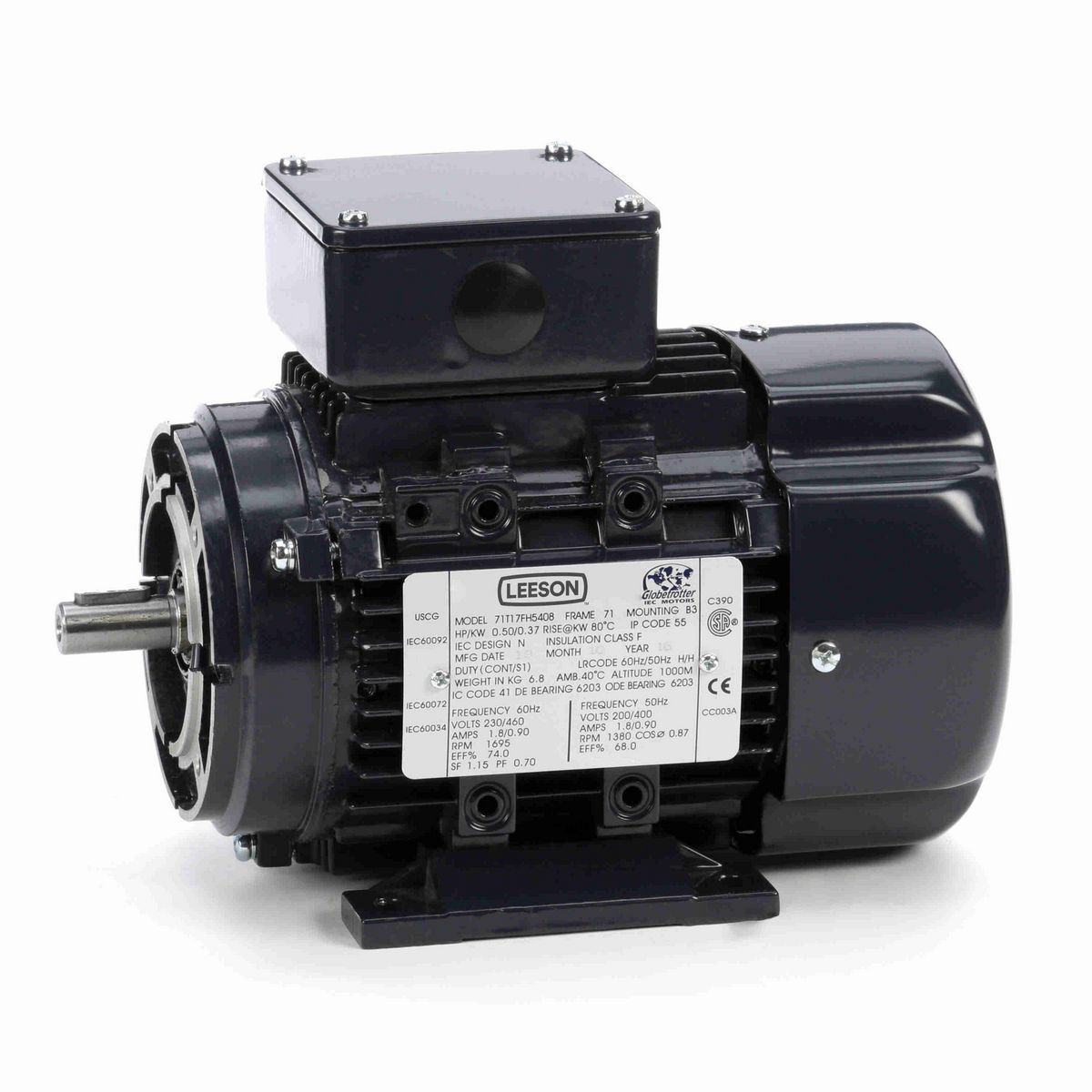 LEESON Aluminium Motor, 0.50 & 0.50 HP, 3 Ph, 60 & 50 Hz, 230/460 & 200/400 V, 1800 & 1500 RPM, 71 Frame, TEFC - R367