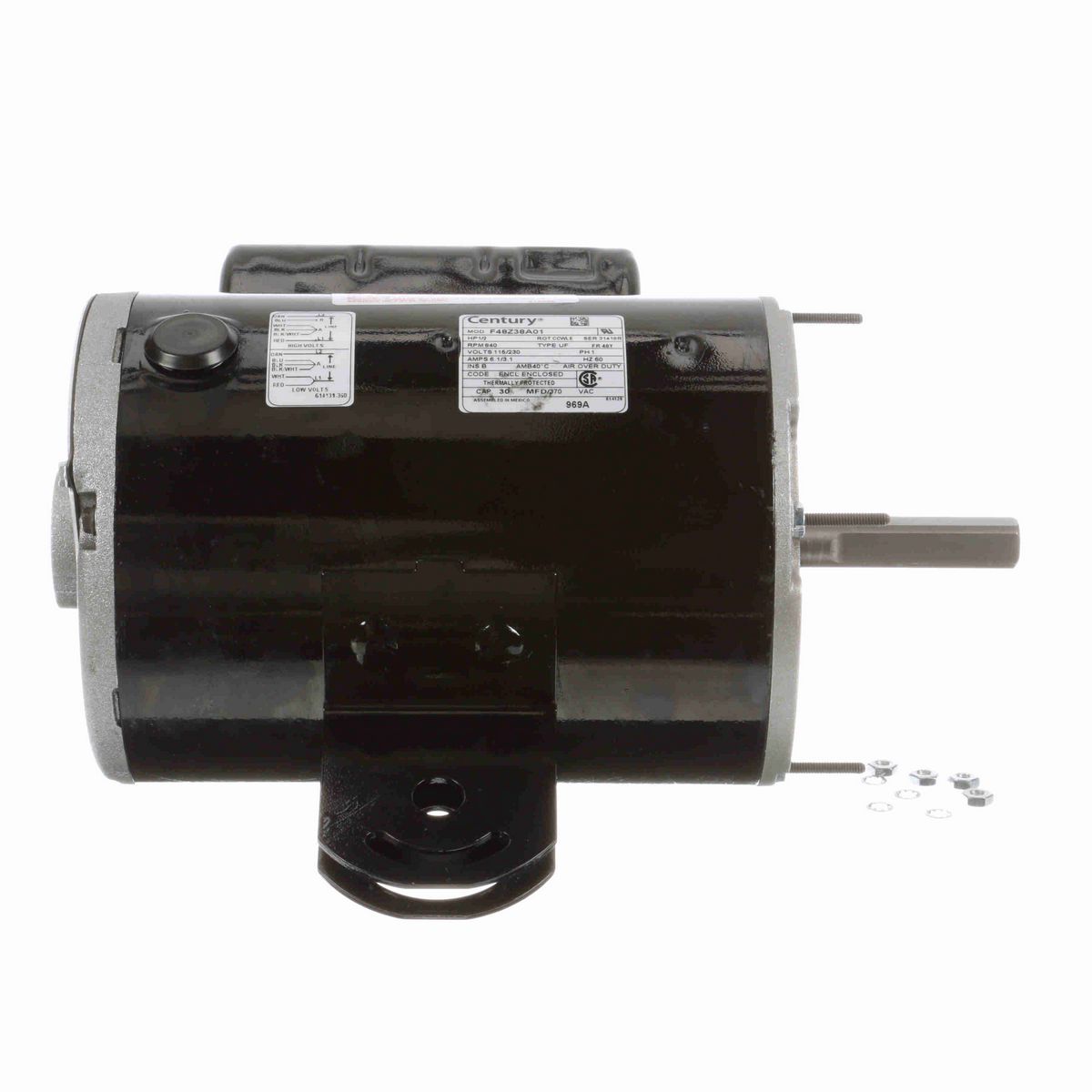 Century OEM Replacement Motor, 1/2 HP, 1 Ph, 60 Hz, 115/230 V, 840 RPM, 1 Speed, 48 Frame, TEAO - 969A