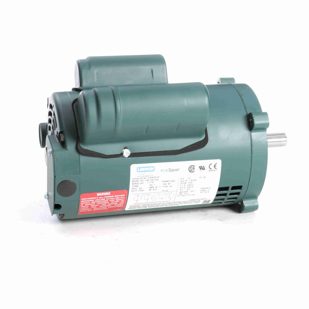 LEESON ecoSaver™ General Purpose Motor, 0.50 HP, 1 Ph, 60 Hz, 115/230 V, 1800 RPM, S56C Frame, DP - E100025.00