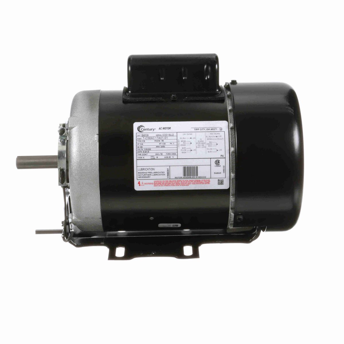 Century General Purpose Motor, 3/4 HP, 1 Ph, 60 Hz, 115/230 V, 3600 RPM, 56 Frame, TEFC - B659