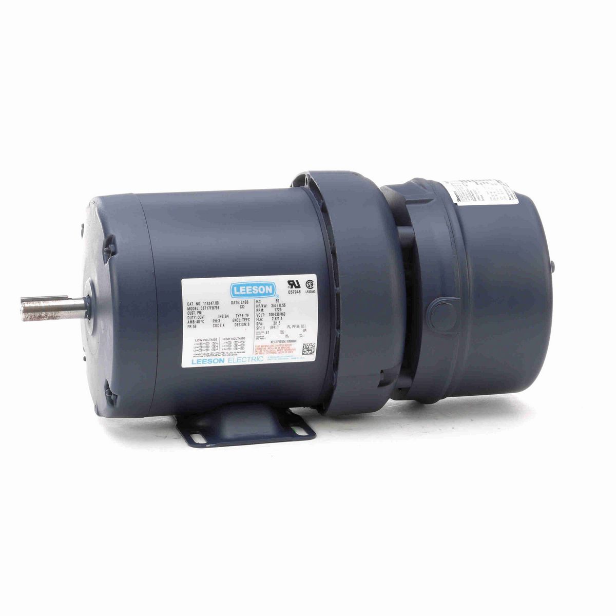 LEESON Brake Motor, 0.75 HP, 3 Ph, 60 Hz, 230/460 V, 1800 RPM, 56 Frame, TEFC - 114147.00