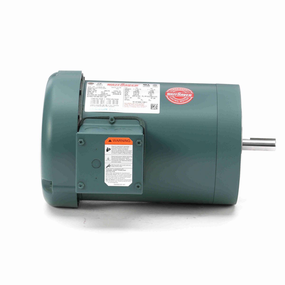 LEESON General Purpose Motor, 1 & 1 HP, 3 Ph, 60 & 50 Hz, 230/460 & 190/380 V, 1800 & 1500 RPM, 56C Frame, TEFC - 114638.00