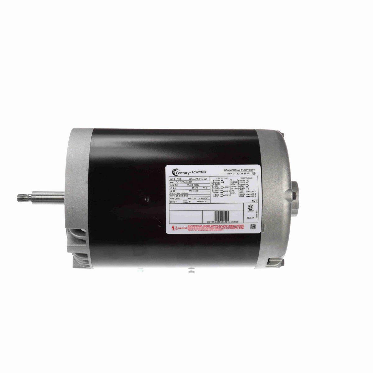 Century General Purpose Pump Motor, 3.45 HP, 3 Ph, 60 Hz, 200-230/460 V, 3600 RPM, N56J Frame, DP - H734