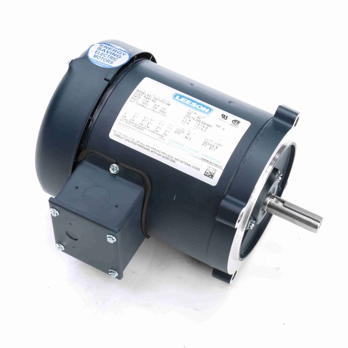 LEESON General Purpose Motor, 0.33 HP, 3 Ph, 60 Hz, 230/460 V, 1800 RPM, S56C Frame, TEFC - 101769.00