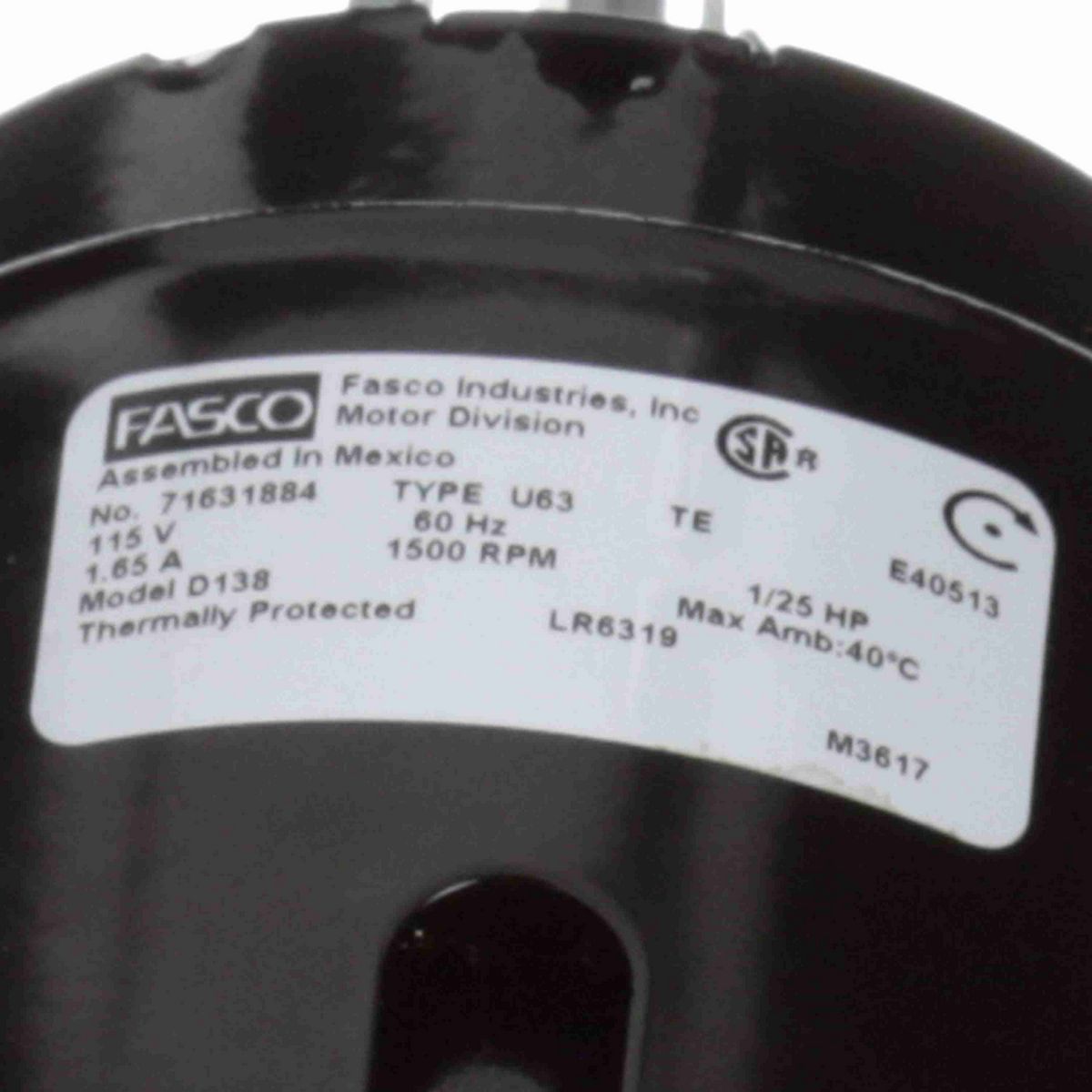 FASCO Fan and Blower Motor, 1/25 HP, 1 Ph, 60 Hz, 115 V, 1500 RPM, 1 Speed, 3.3" Diameter, TEFC - D138