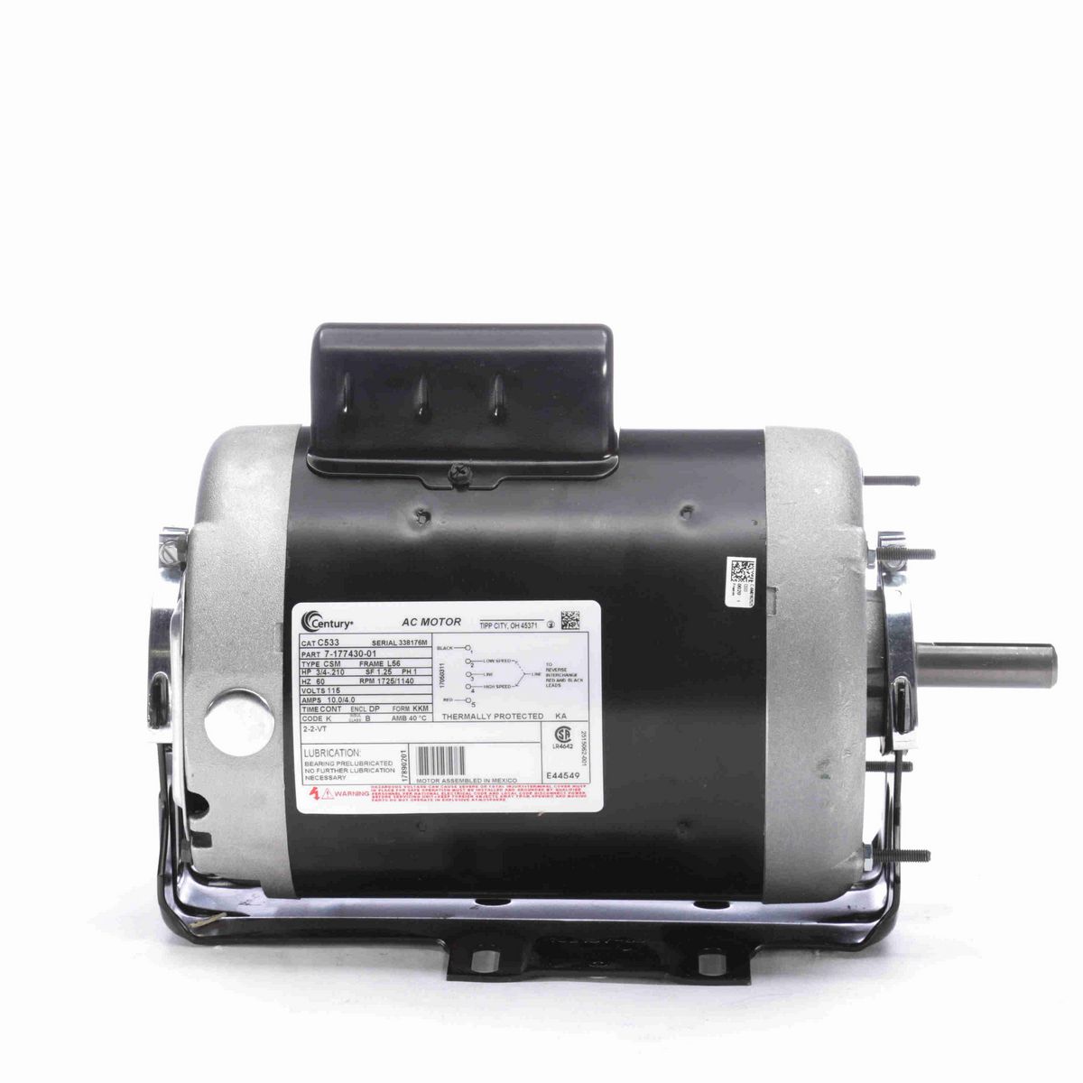 Century Fan and Blower Motor, 3/4-.210 HP, 1 Ph, 60 Hz, 115 V, 1800 RPM, L56 Frame, DP - C533