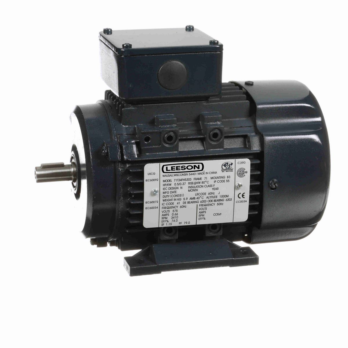 LEESON Aluminium Motor, 0.50 & 0.50 HP, 3 Ph, 60 & 50 Hz, 575 & 480 V, 3600 & 3000 RPM, 71 Frame, TEFC - R406