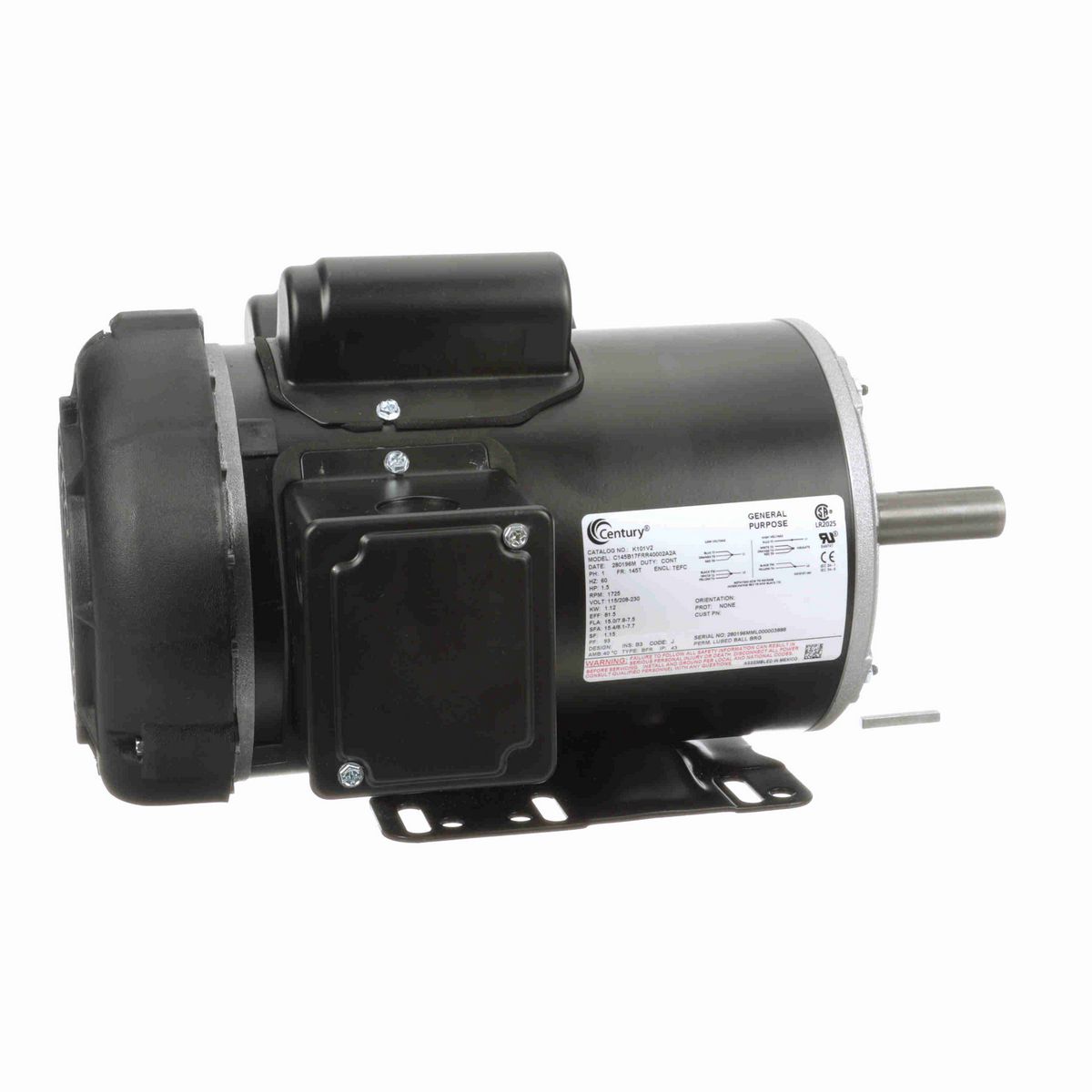 Century General Purpose Farm Duty Motor, 1.5 HP, 1 Ph, 60 Hz, 115/208-230 V, 1800 RPM, 145T Frame, TEFC - K101V2