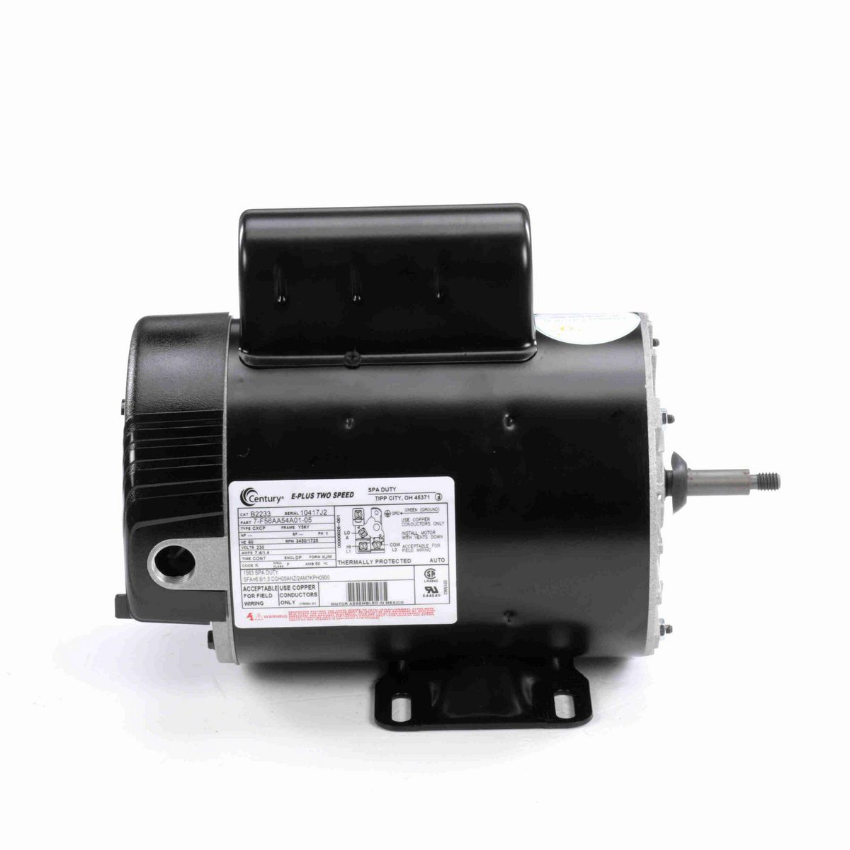 Century Pool Pump Motor, 2.0 / 0.25 SPL HP, 1 Ph, 60 Hz, 230 V, 3600 RPM, Y56Y Frame, DP - B2233