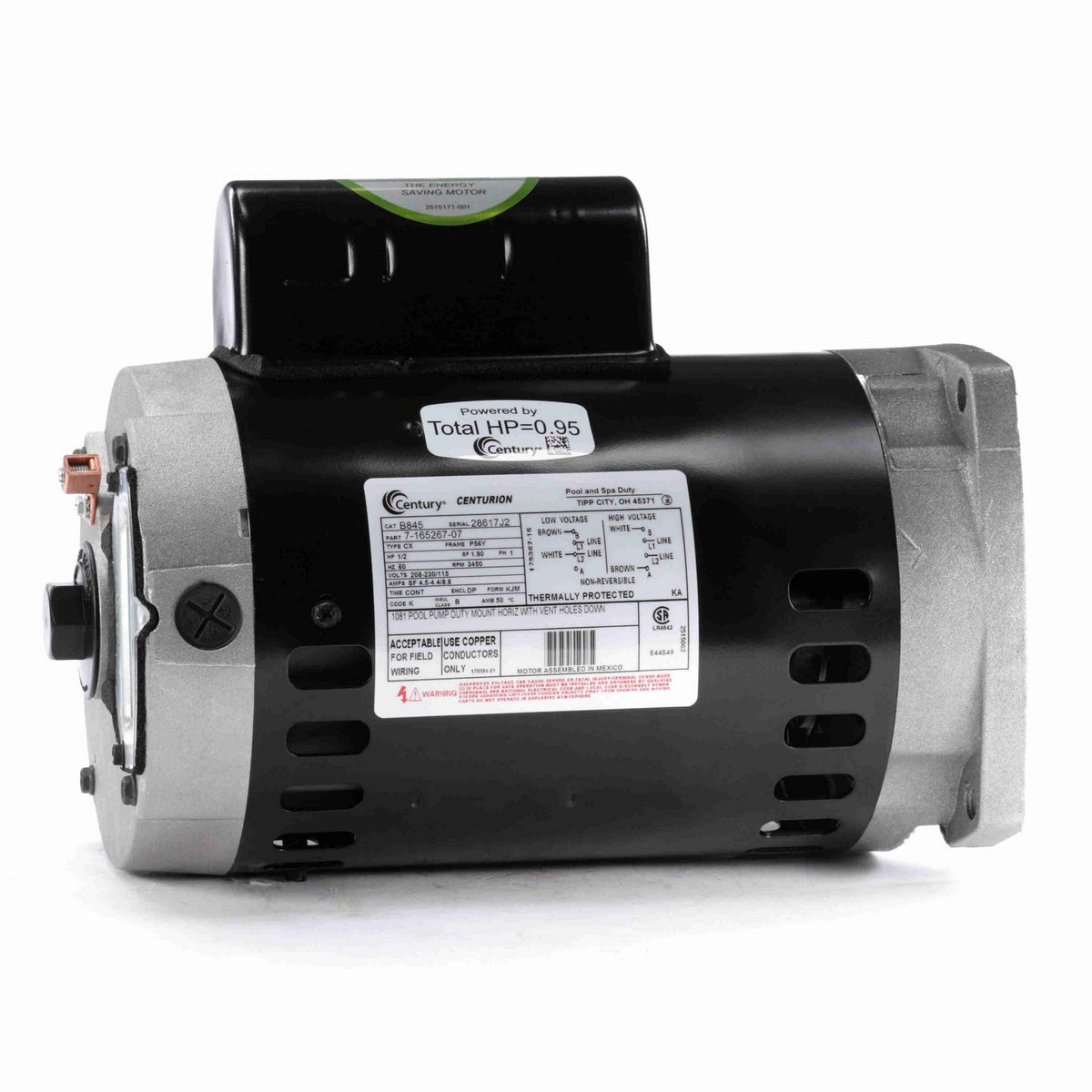 Century Pool Pump Motor, 1/2 HP, 1 Ph, 60 Hz, 208-230/115 V, 3600 RPM, P56Y Frame, DP - B845