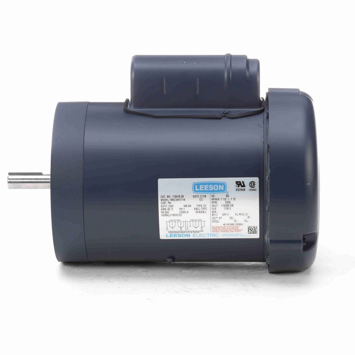 LEESON General Purpose Motor, 1.50 HP, 1 Ph, 60 Hz, 115/230 V, 3600 RPM, 56C Frame, TEFC - 110418.00