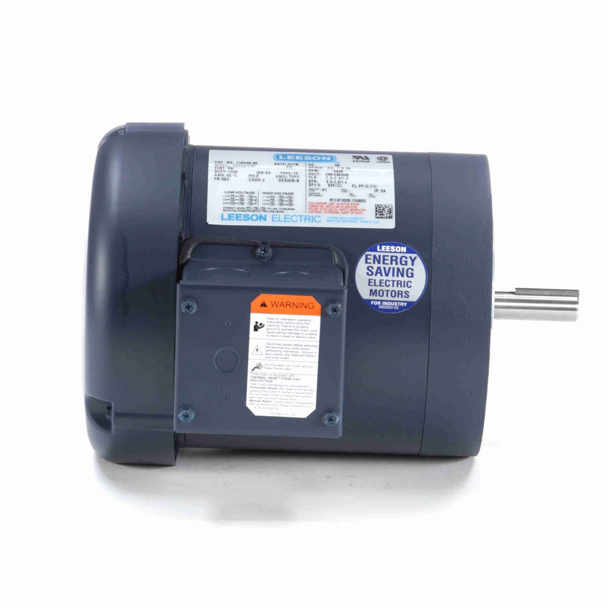 LEESON General Purpose Motor, 0.75 HP, 3 Ph, 60 Hz, 208-230/460 V, 3600 RPM, 56C Frame, TEFC - 110448.00