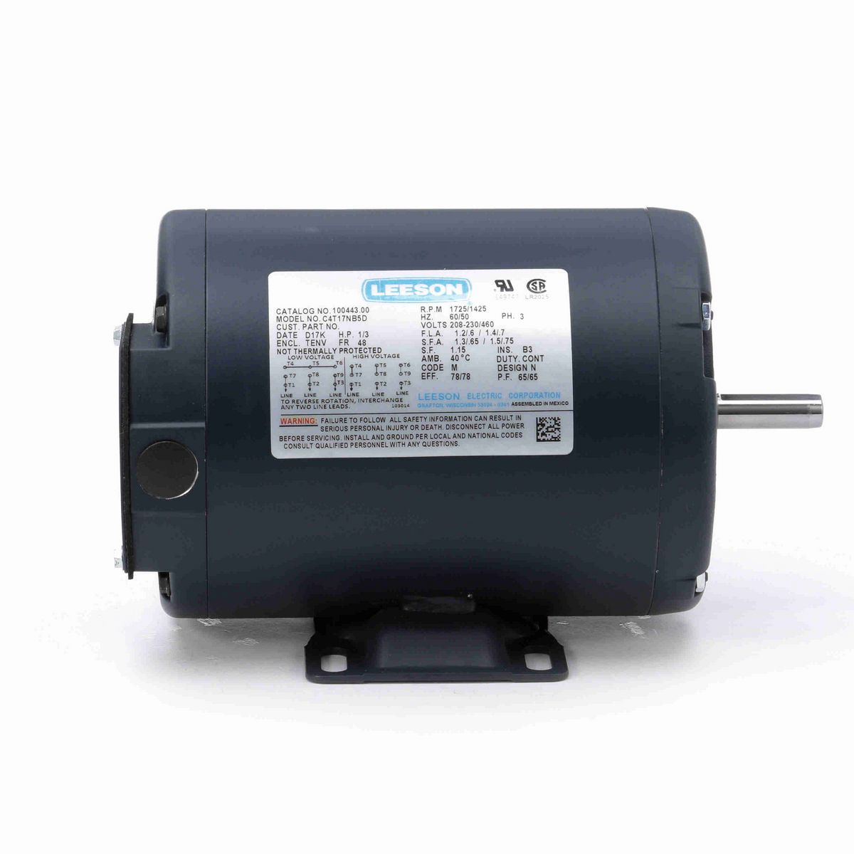 LEESON General Purpose Motor, 0.33 & 0.33 HP, 3 Ph, 60 & 50 Hz, 230/460 & 208-230/460 V, 1800 & 1500 RPM, 48 Frame, TENV - 100443.00