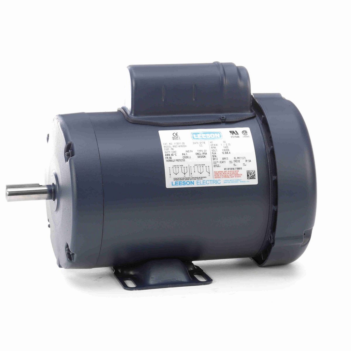 LEESON Special Voltage Motor, 1 HP, 1 Ph, 50 Hz, 110/220 V, 1500 RPM, 56 Frame, TEFC - 113911.00