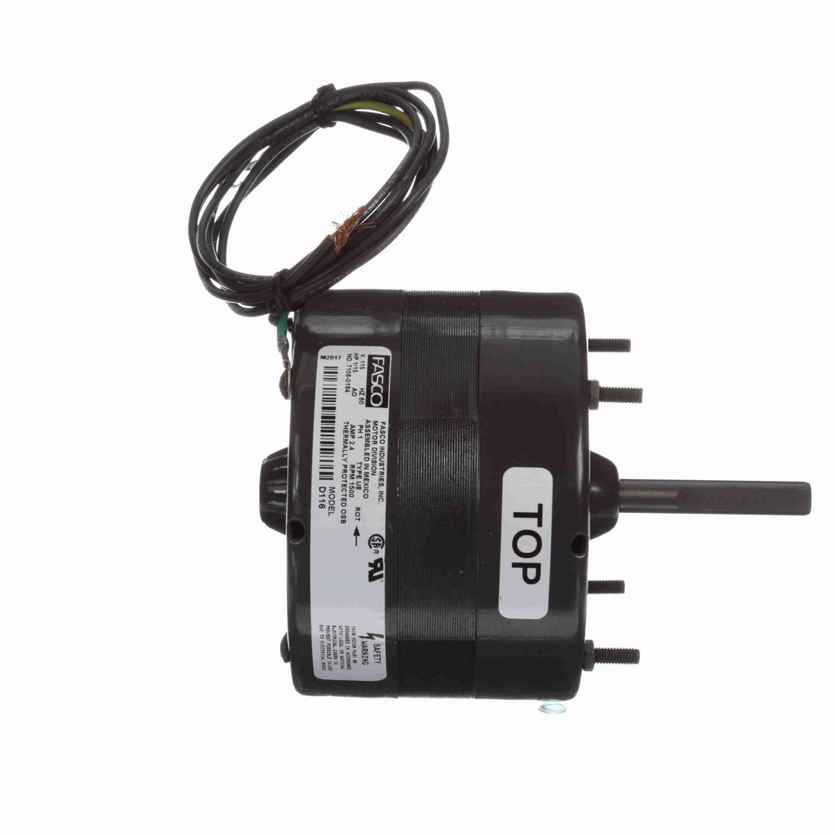 FASCO Fan and Blower Motor, 1/15 HP, 1 Ph, 60 Hz, 115 V, 1500 RPM, 1 Speed, 4.4" Diameter, OAO - D116