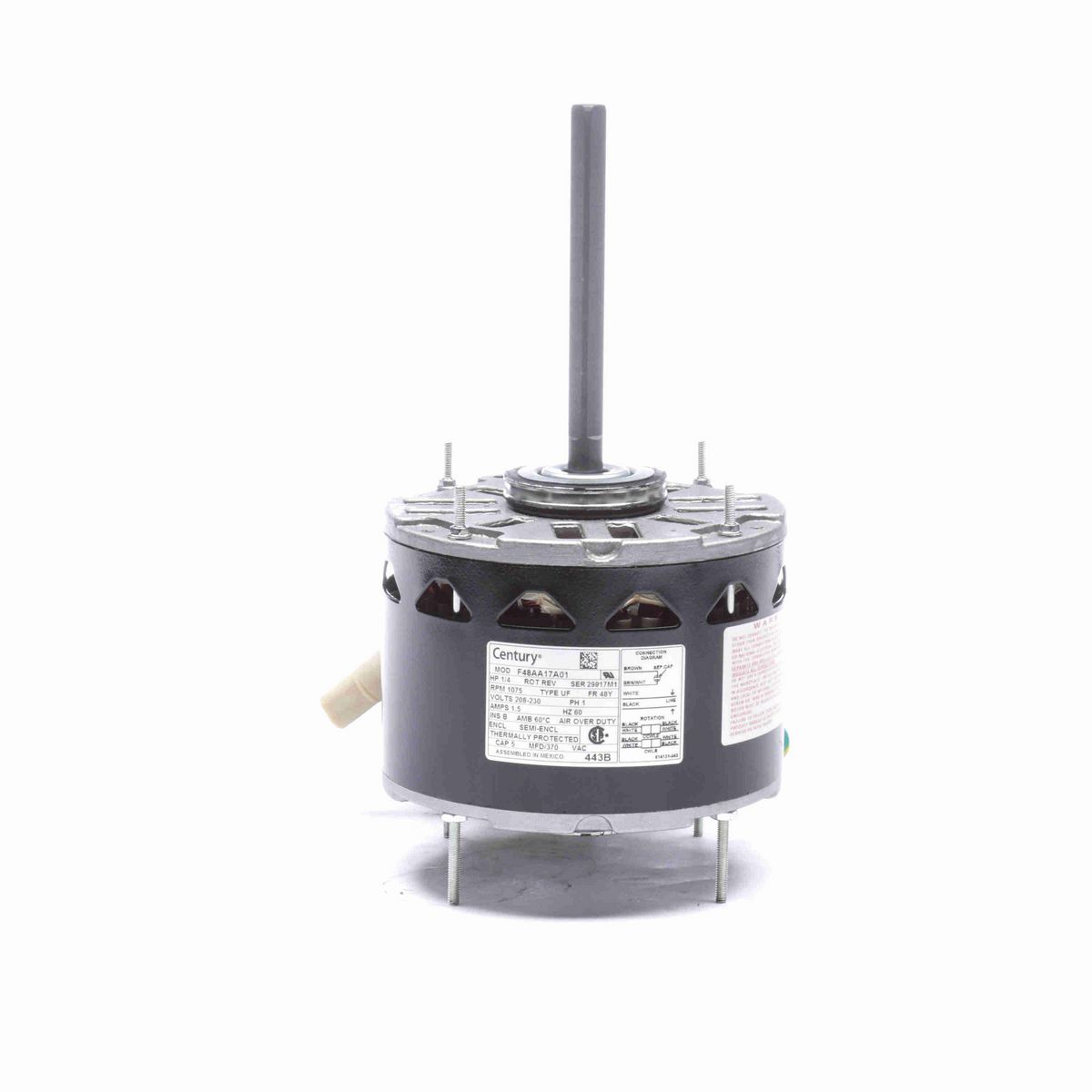 Century Fan and Blower Motor, 1/4 HP, 1 Ph, 60 Hz, 208-230 V, 1075 RPM, 1 Speed, 48 Frame, SEMI ENCL - 443B