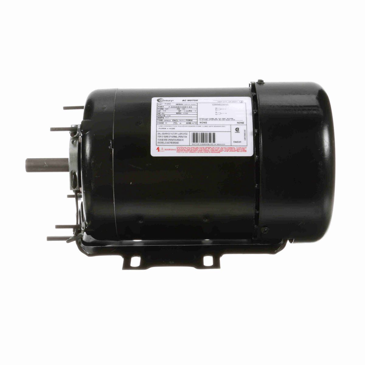 Century General Purpose Motor, 1/2 HP, 1 Ph, 60 Hz, 115 V, 1800 RPM, 56 Frame, TEFC - F450