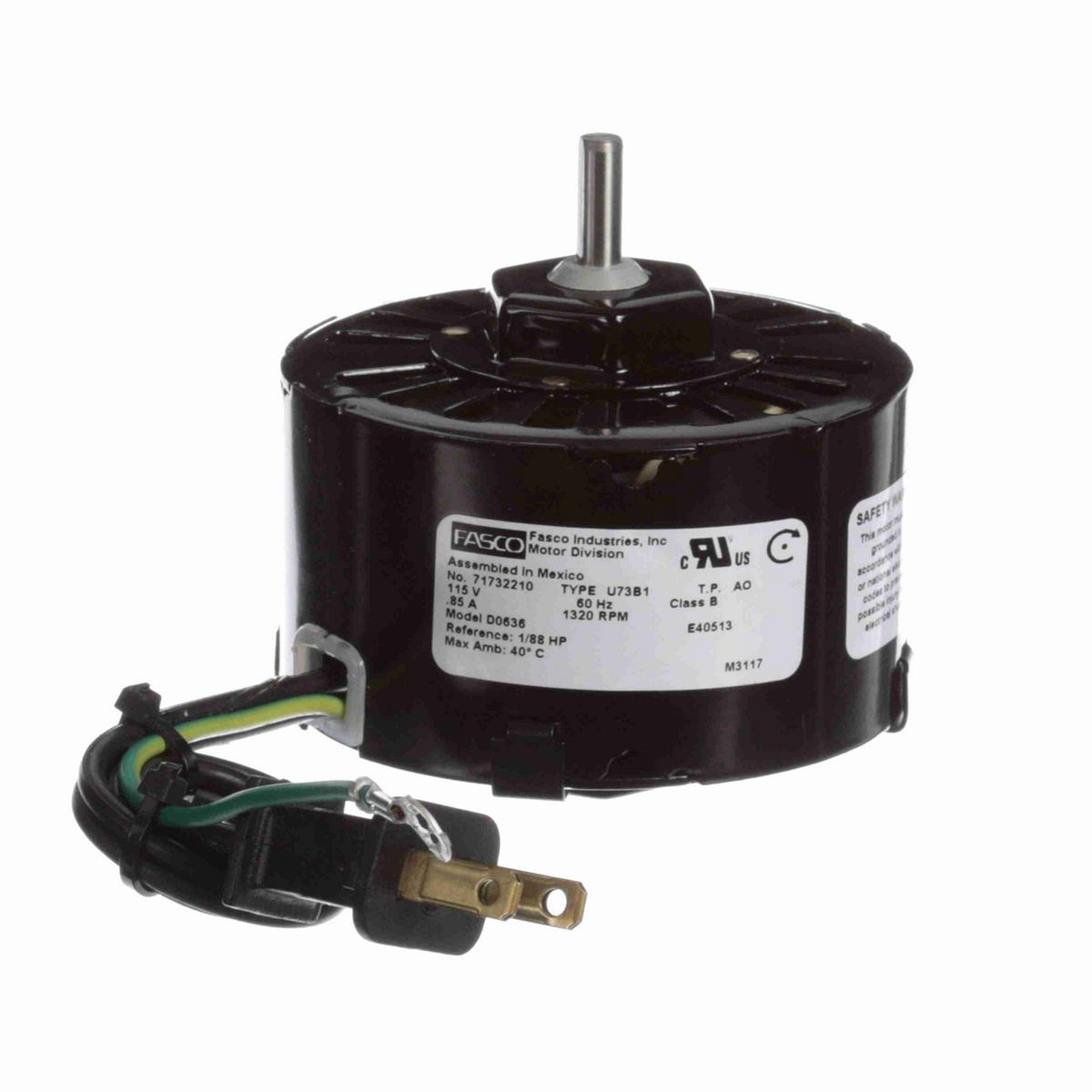 FASCO OEM Replacement Motor, 1/88 HP, 1 Ph, 60 Hz, 115 V, 1320 RPM, 1 Speed, 3.3" Diameter, OAO - D0636