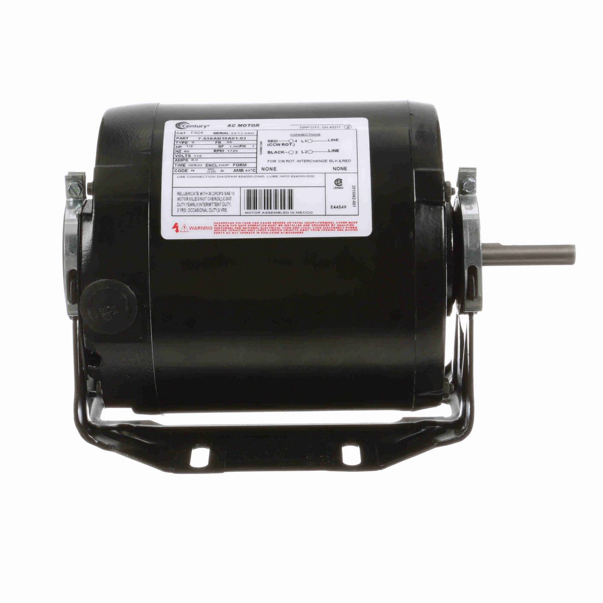 Century General Purpose Motor, 1/2 HP, 1 Ph, 60 Hz, 115 V, 1800 RPM, 56 Frame, ODP - F424