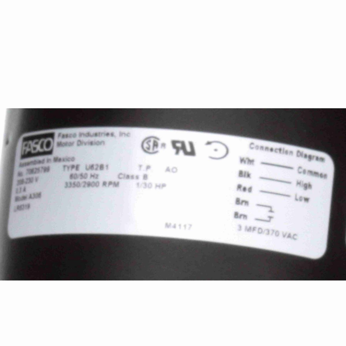 FASCO Rectangular Outlet Permanent Split Capacitor OEM Replacement Draft Inducer Blower, 208-230 Volts, Flange: No - A306