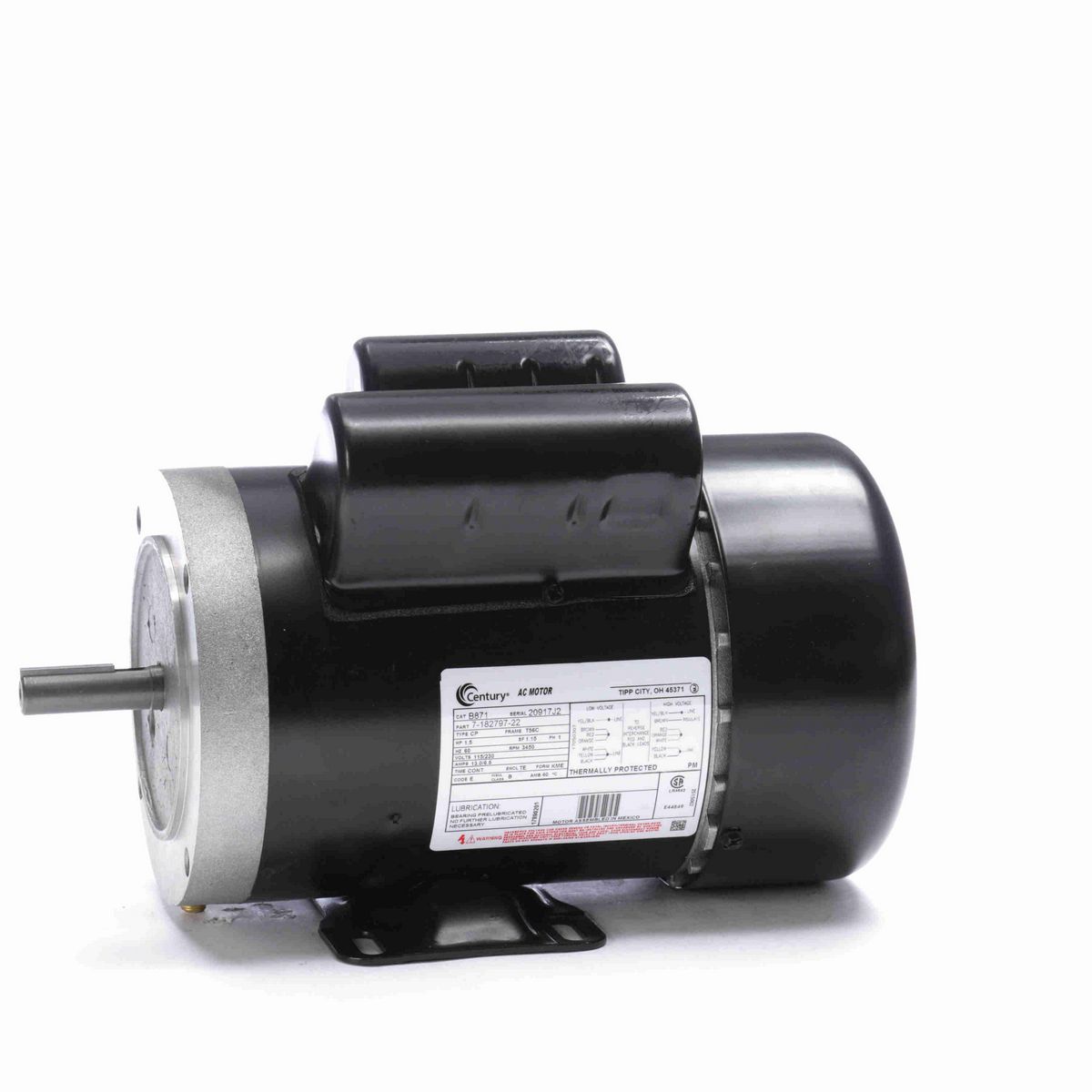 Century General Purpose Motor, 1.5 HP, 1 Ph, 60 Hz, 115/230 V, 3600 RPM, T56C Frame, TEFC - B871