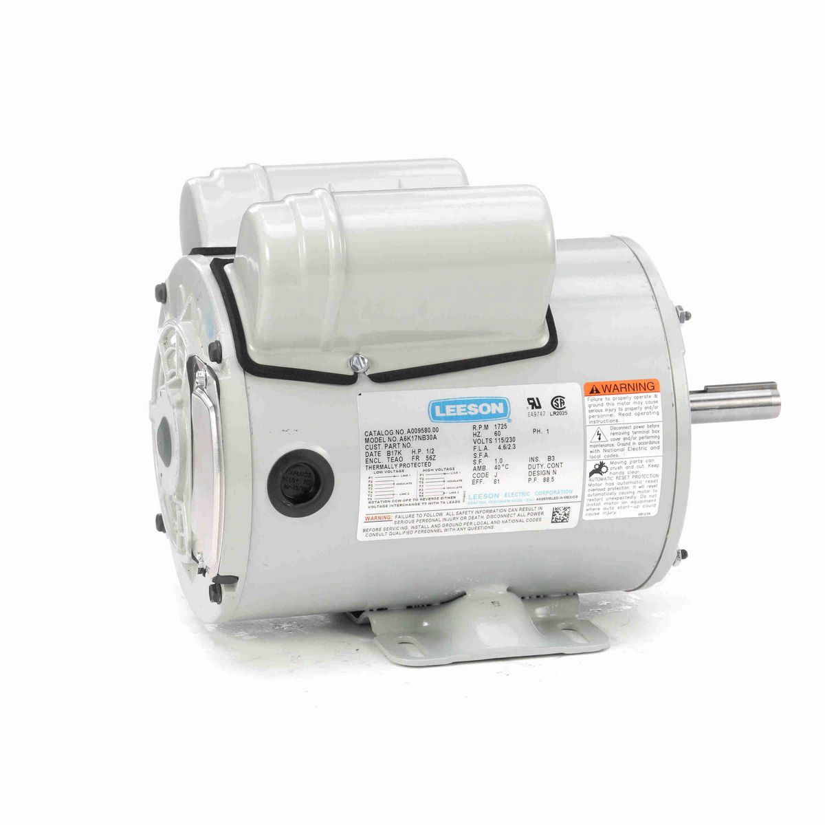LEESON Agricultural Motor, 0.50 HP, 1 Ph, 60 Hz, 115/230 V, 1800 RPM, 56H Frame, TENV - M009580.00