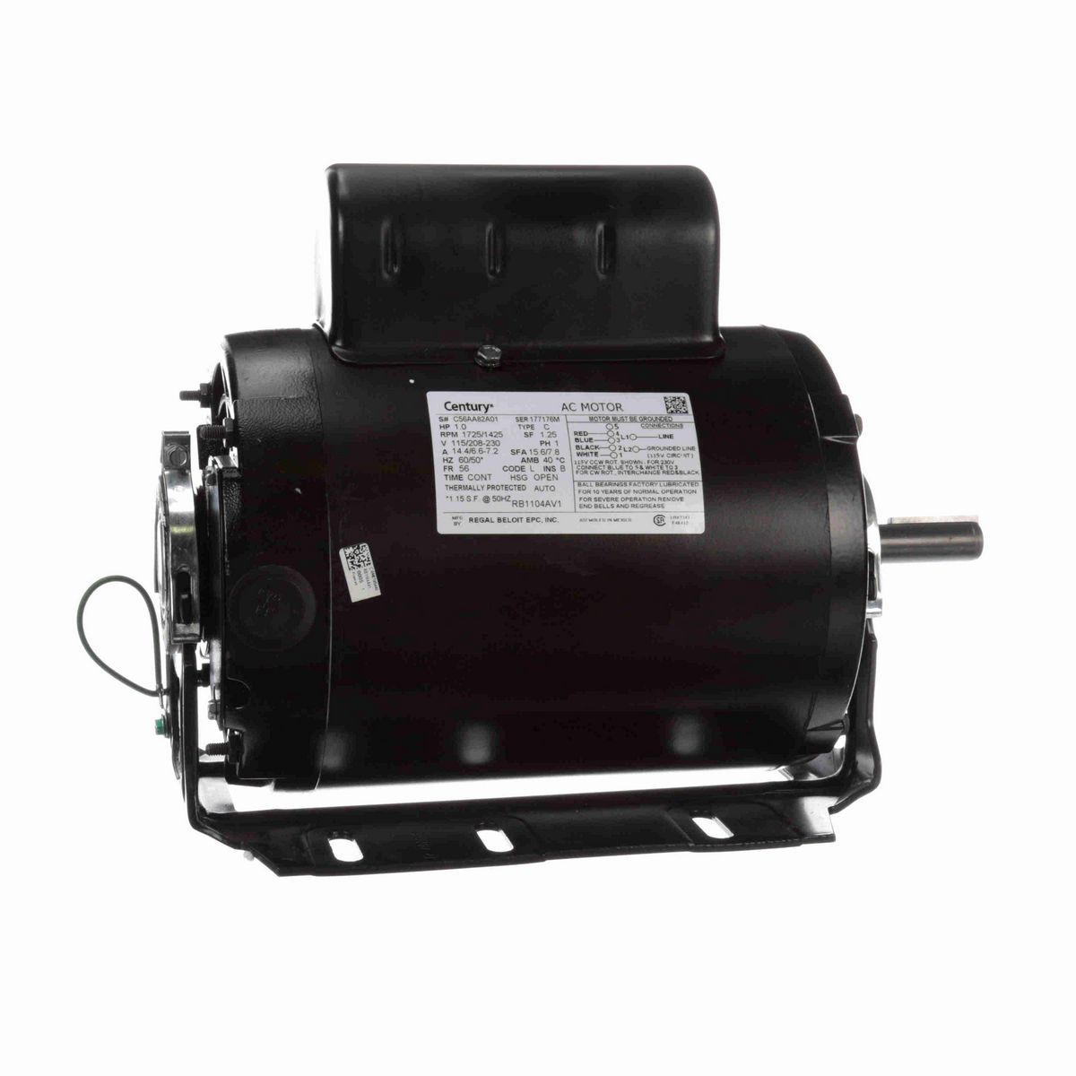 Century Fan and Blower Motor, 1.0 HP, 1 Ph, 60/50* Hz, 115/208-230 V, 1800 RPM, 56 Frame, OPEN - RB1104AV1