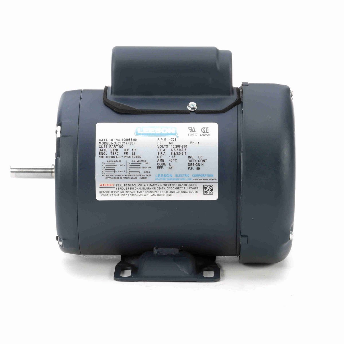 LEESON General Purpose Motor, 0.33 HP, 1 Ph, 60 Hz, 115/230 V, 1800 RPM, 48 Frame, TEFC - 100955.00