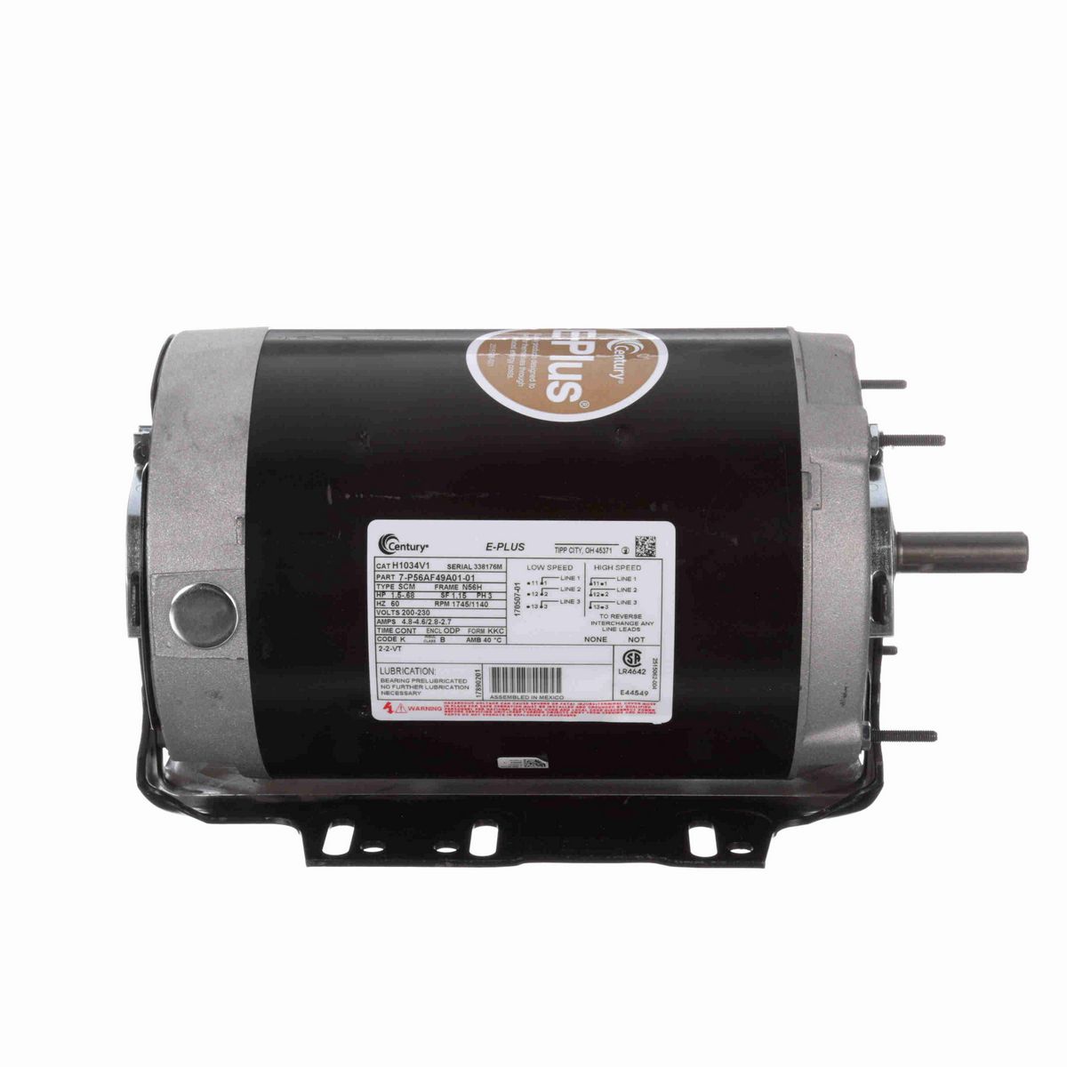 Century General Purpose Motor, 1.5-.68 HP, 3 Ph, 60 Hz, 200-230 V, 1800 RPM, N56H Frame, ODP - H1034V1