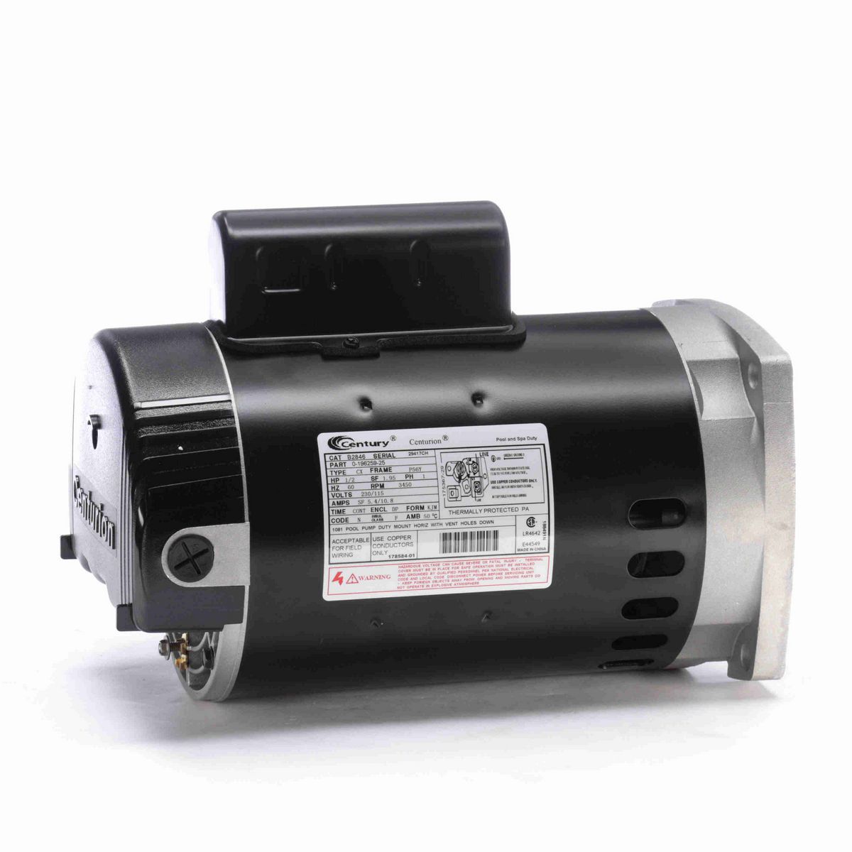 Century Pool Pump Motor, 1/2 HP, 1 Ph, 60 Hz, 230/115 V, 3600 RPM, P56Y Frame, DP - B2846