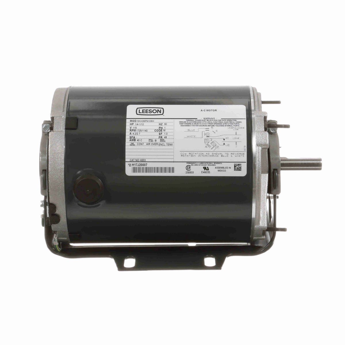 LEESON General Purpose Farm Duty Motor, 1/4-1/12 HP, 1 Ph, 60 Hz, 115 V, 1800 RPM, 48 Frame, TENV - H203