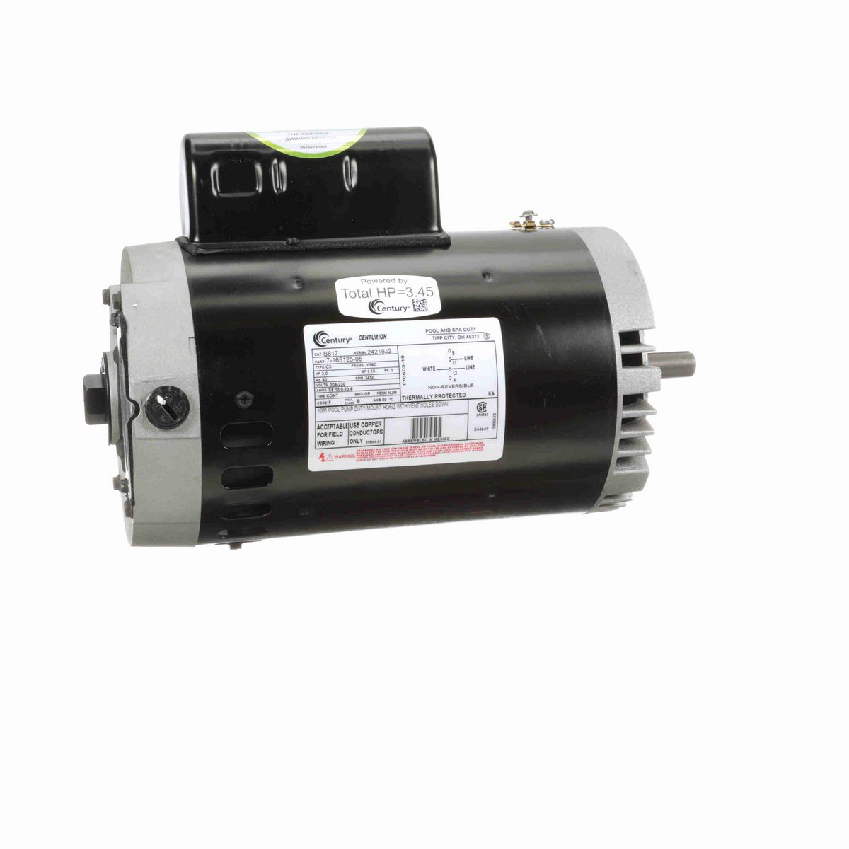 Century Pool Pump Motor, 3.0 HP, 1 Ph, 60 Hz, 208-230 V, 3600 RPM, Y56C Frame, DP - B817