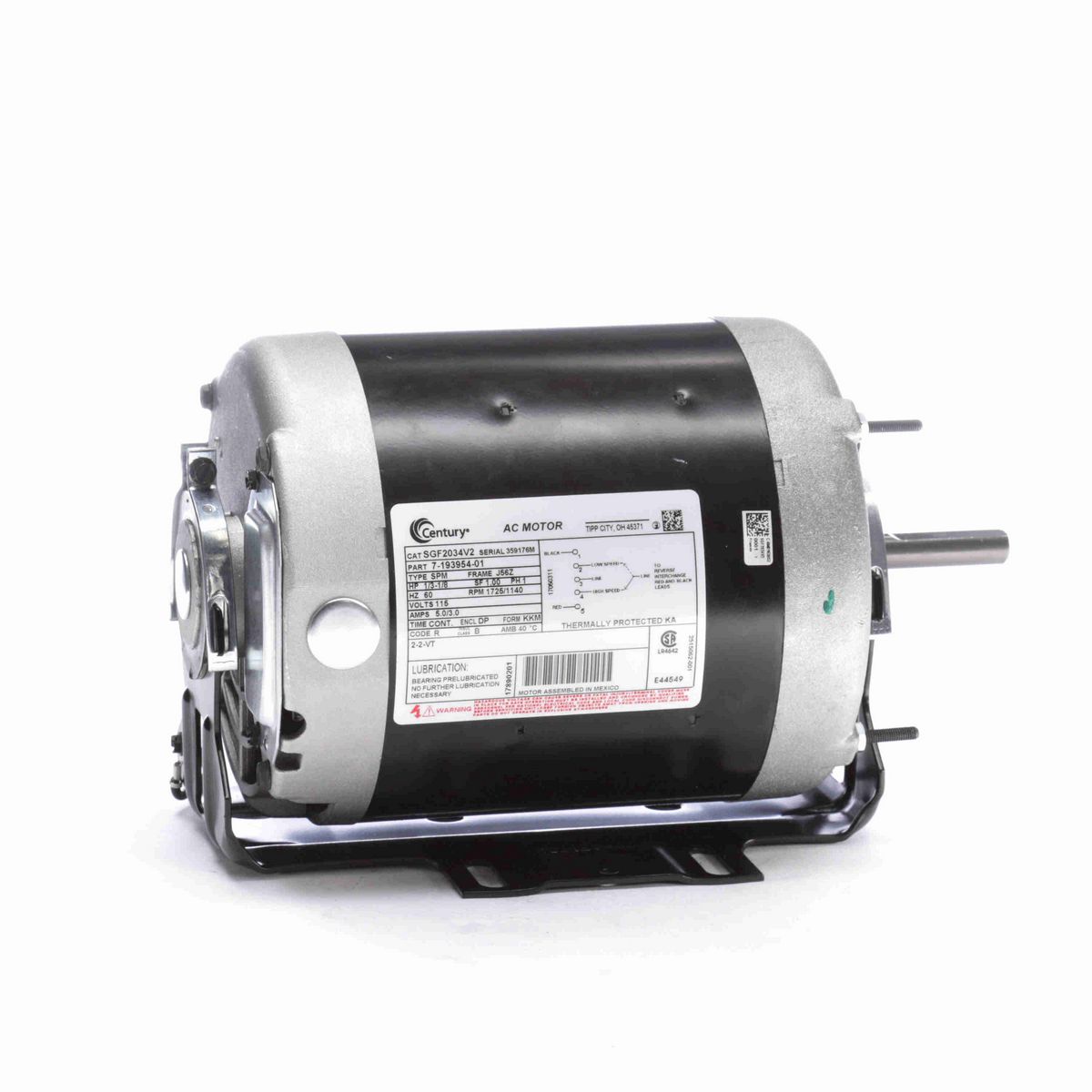 Century Fan and Blower Motor, 1/3-1/8 HP, 1 Ph, 60 Hz, 115 V, 1800 RPM, J56Z Frame, DP - SGF2034V2