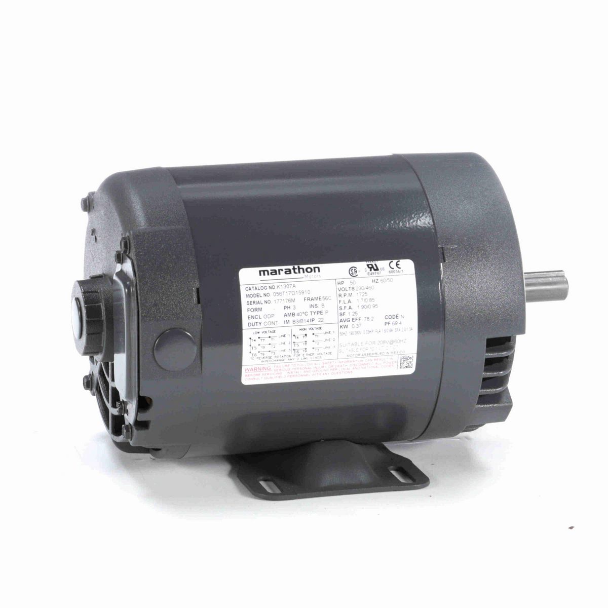 LEESON General Purpose Motor, 0.50 & 0.33 HP, 3 Ph, 60 & 50 Hz, 230/460 & 190/380 V, 1800 & 1500 RPM, 56C Frame, DP - K1307A