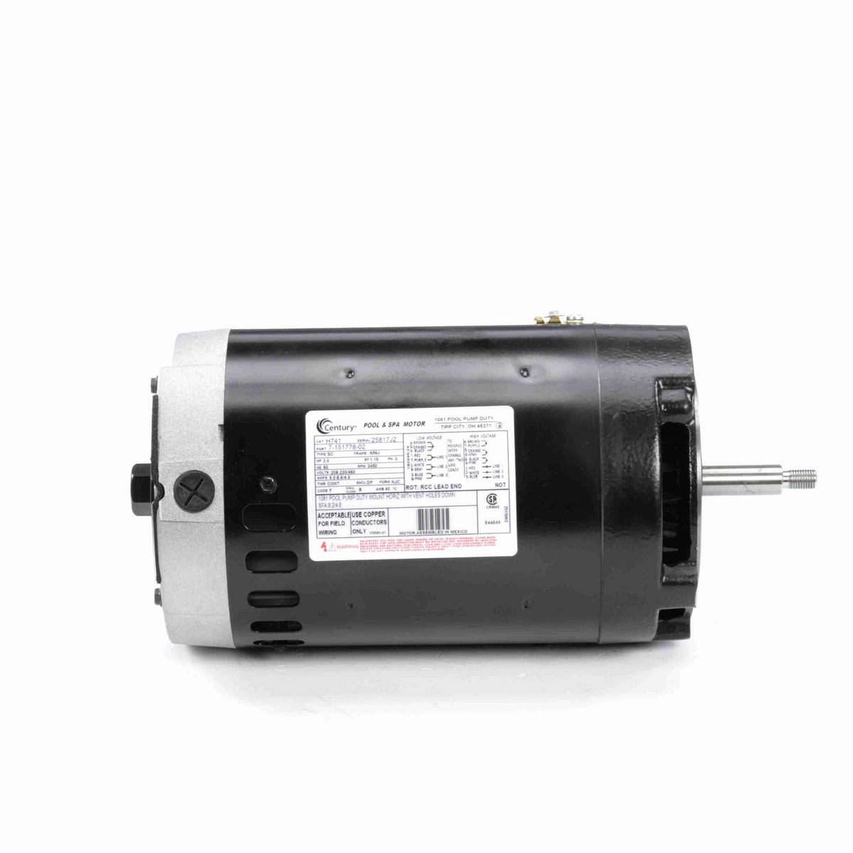 Century Pool Pump Motor, 3.0 HP, 3 Ph, 60 Hz, 208-230/460 V, 3600 RPM, N56J Frame, DP - H741