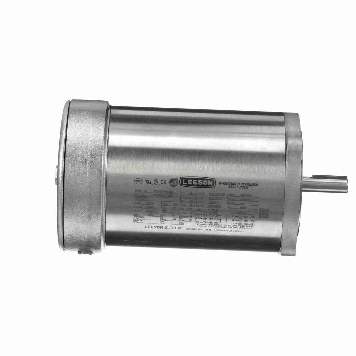 LEESON Premium Duck™ General Purpose Motor, 0.50 & 0.50 HP, 3 Ph, 60 & 50 Hz, 230/460 & 190/380 V, 1800 & 1500 RPM, S56C Frame, TENV - 103389.00