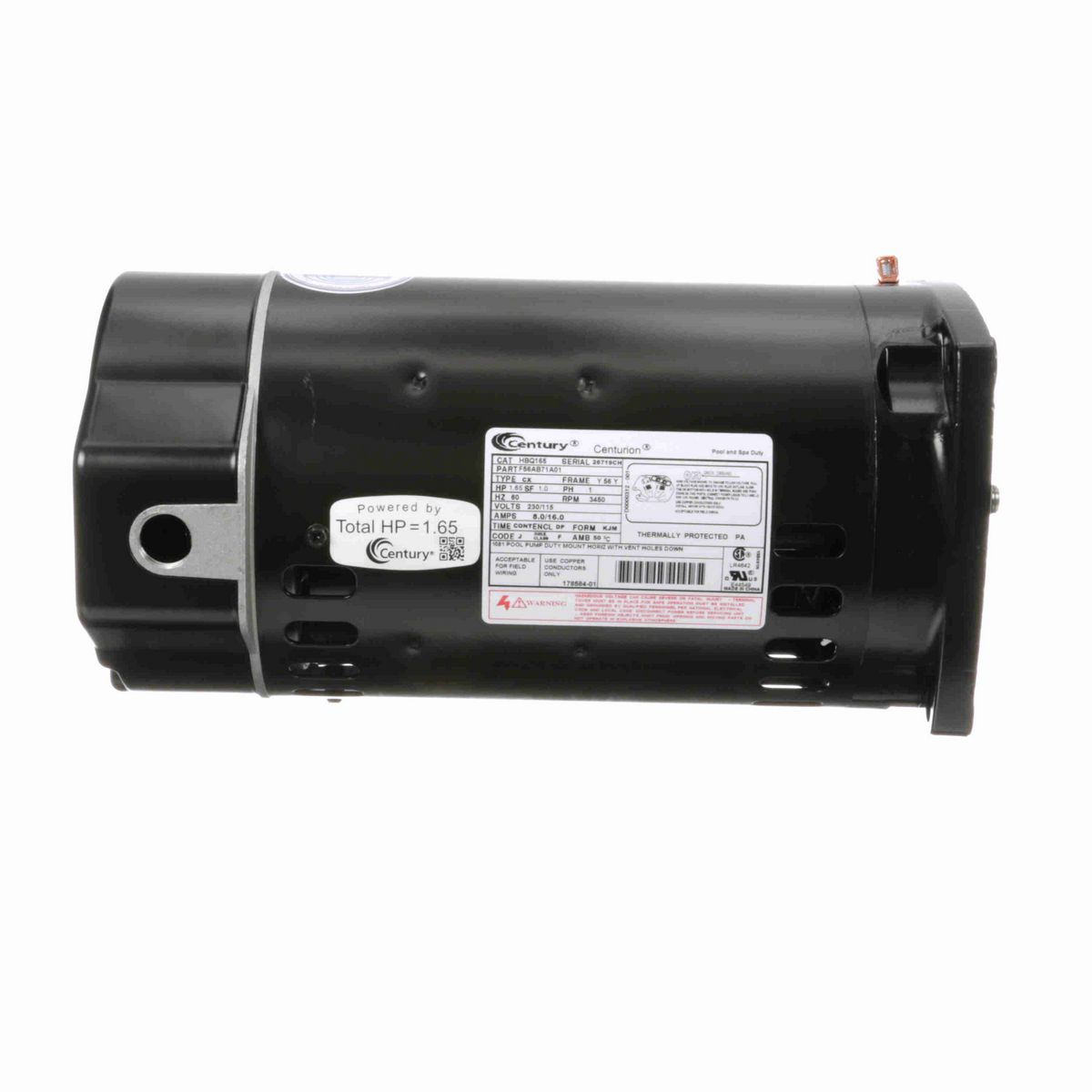 Century Pool Pump Motor, 1.65 HP, 1 Ph, 60 Hz, 230/115 V, 3600 RPM, Y56Y Frame, DP - HBQ165