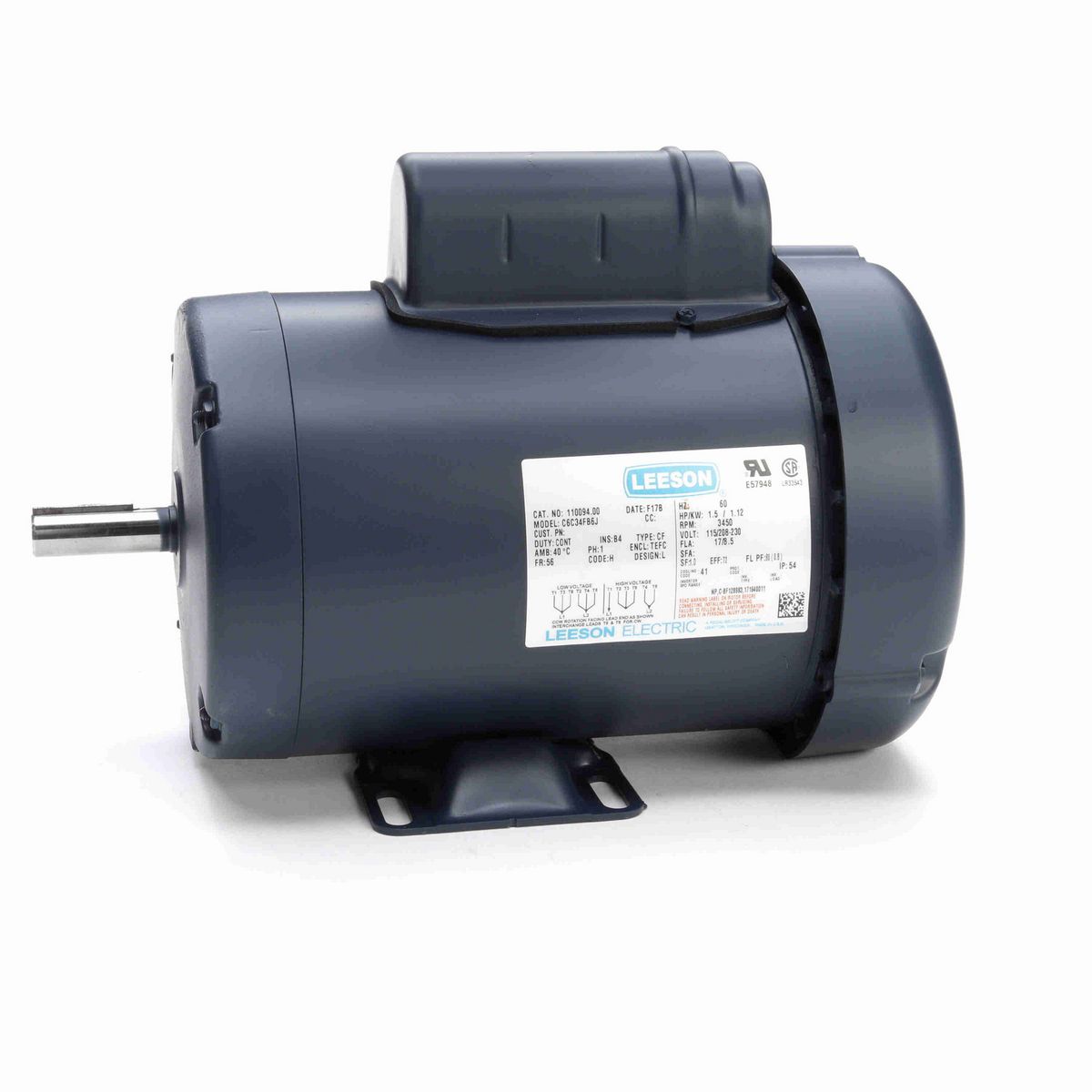 LEESON General Purpose Motor, 1.50 HP, 1 Ph, 60 Hz, 115/230 V, 3600 RPM, 56 Frame, TEFC - 110094.00