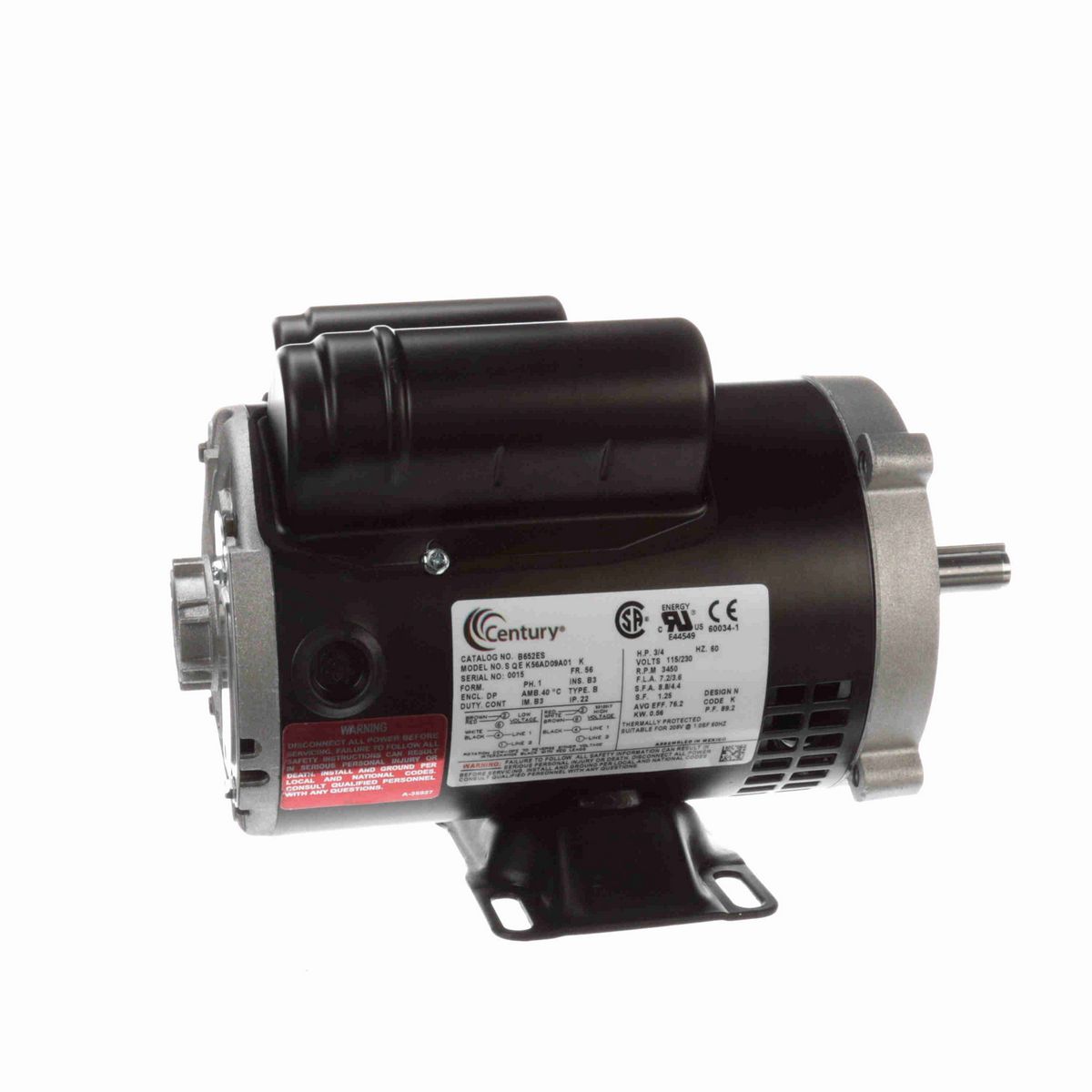 Century General Purpose Motor, 3/4 HP, 1 Ph, 60 Hz, 115/230 V, 3600 RPM, 56 Frame, ODP - B652ES