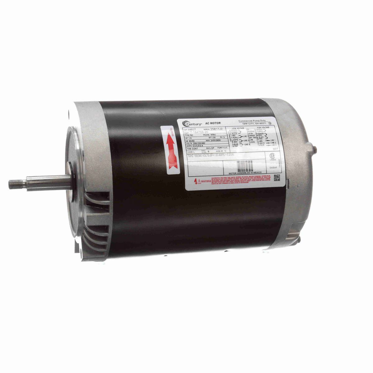 Century General Purpose Pump Motor, 1.5 HP, 3 Ph, 60 Hz, 208-230/460 V, 3600 RPM, M56J Frame, DP - H607