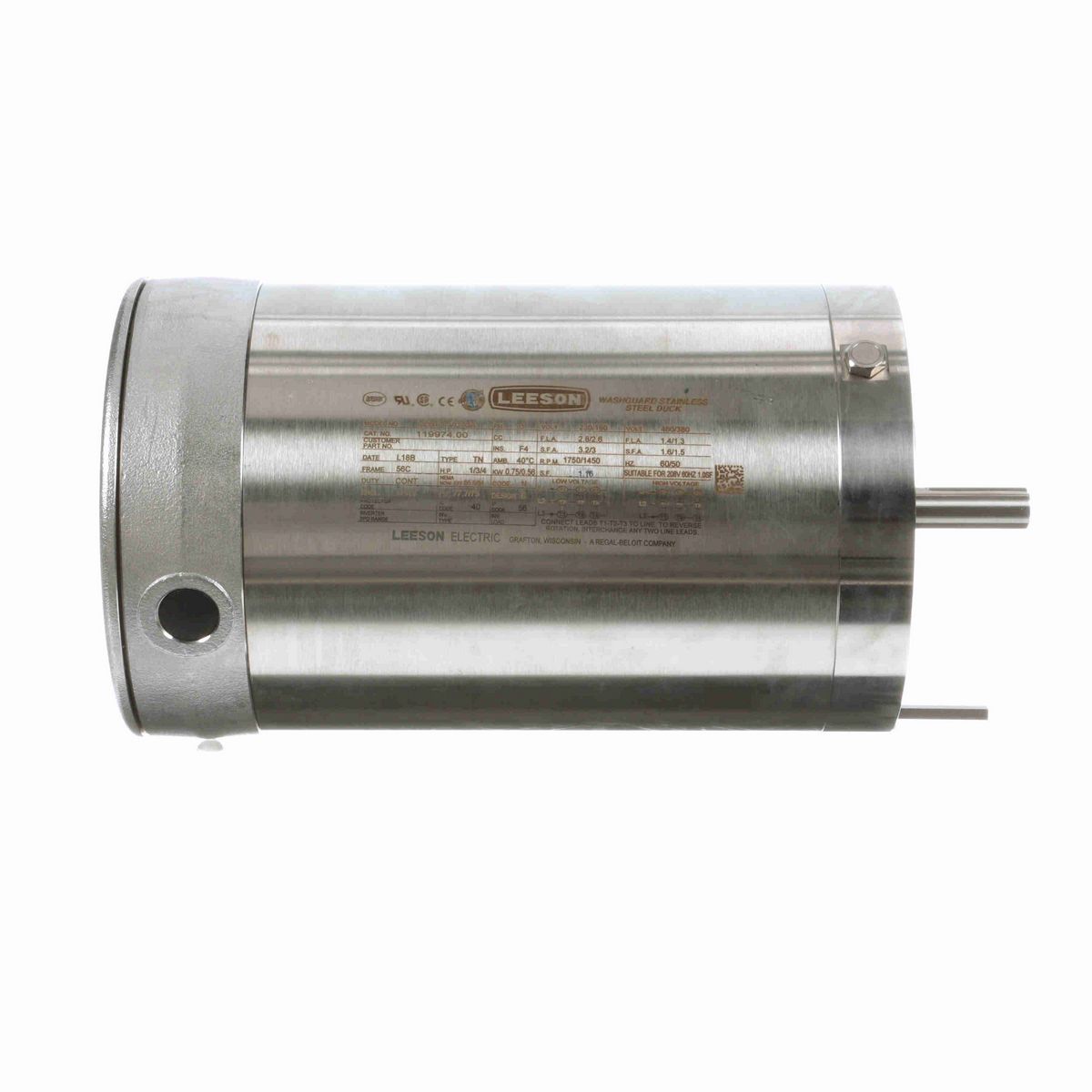 LEESON Premium Duck™ General Purpose Motor, 1 & 0.75 HP, 3 Ph, 60 & 50 Hz, 230/460 & 190/380 V, 1800 & 1500 RPM, 56C Frame, TENV - 119974.00