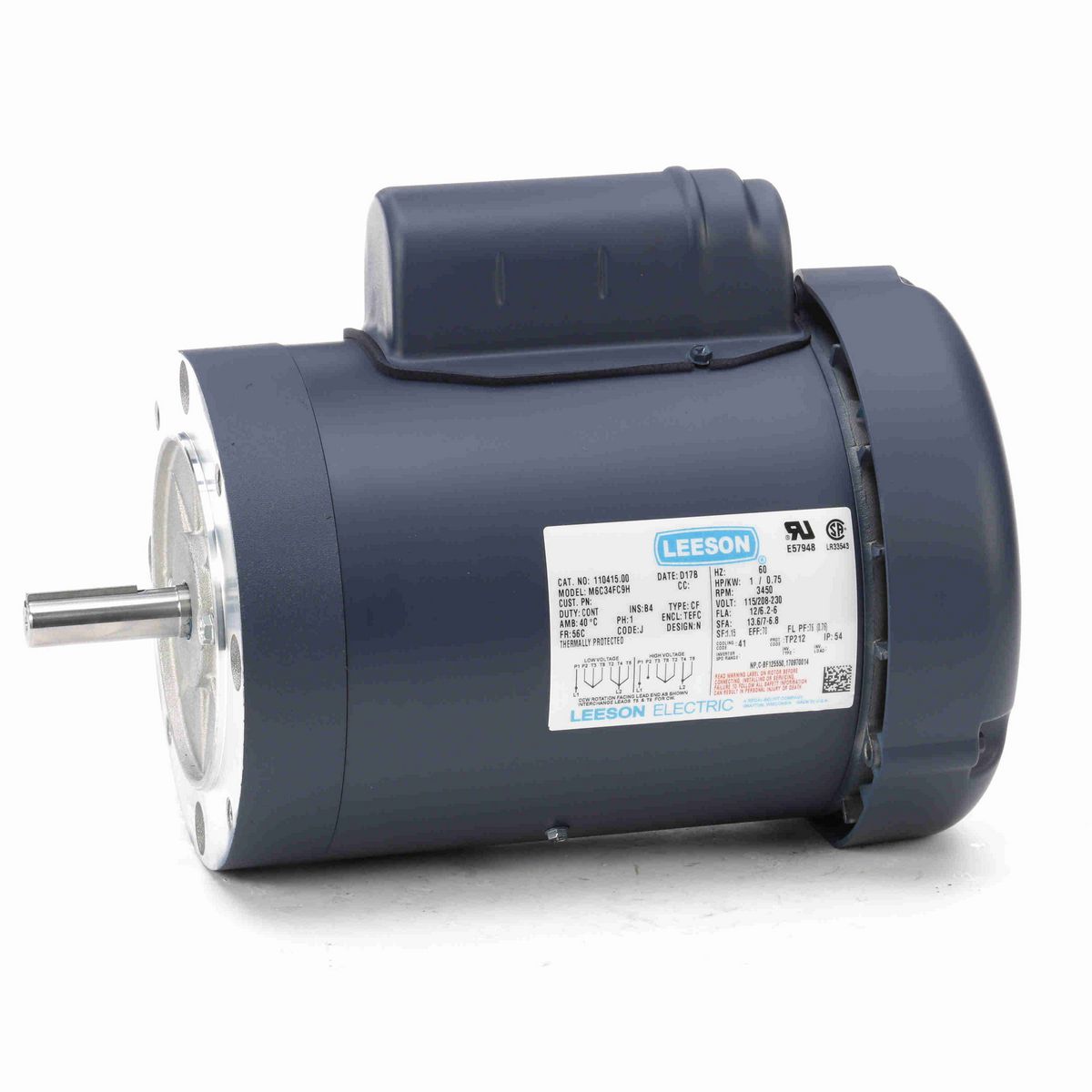 LEESON General Purpose Motor, 1 HP, 1 Ph, 60 Hz, 115/230 V, 3600 RPM, 56C Frame, TEFC - 110415.00