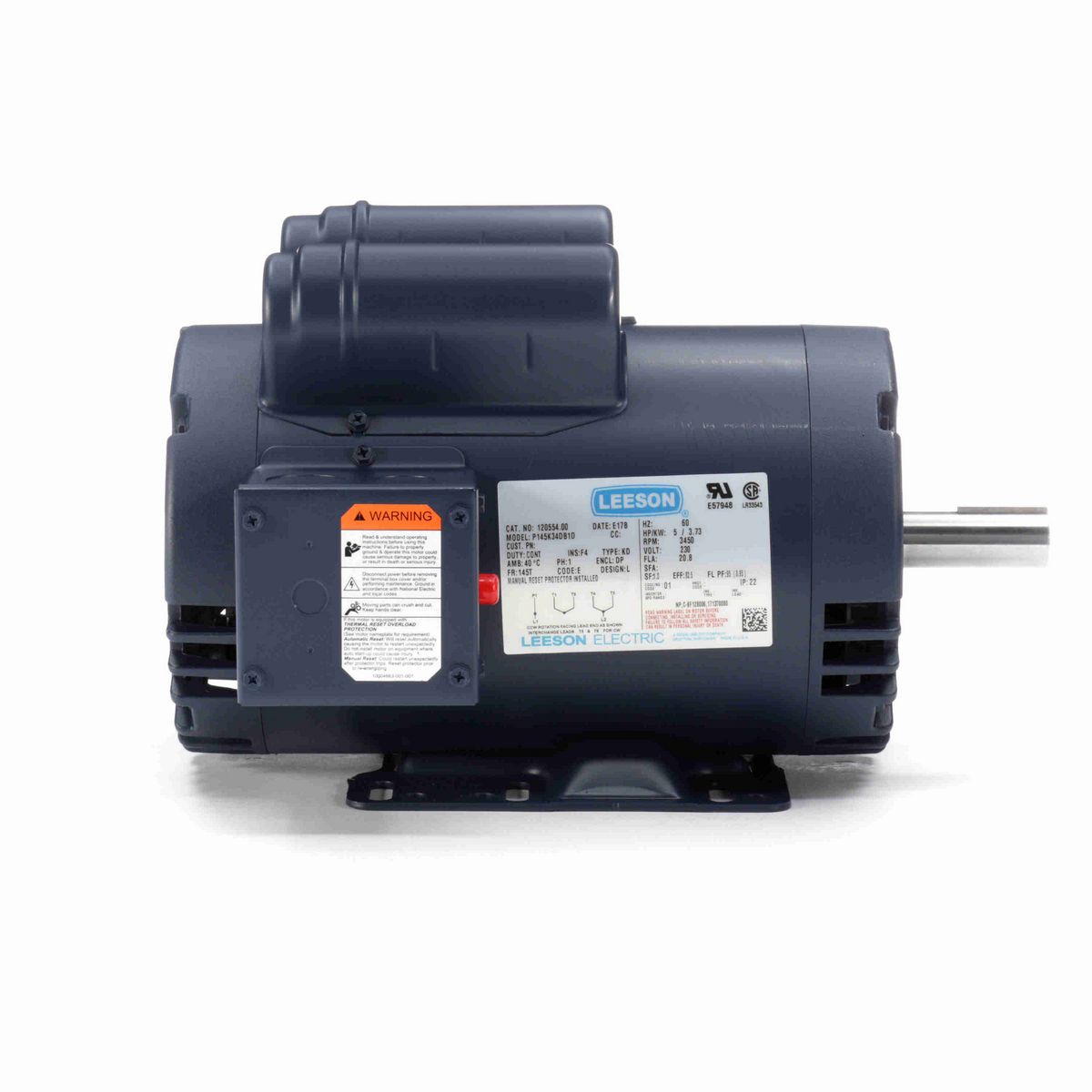LEESON Air Compressor Motor, 5 HP, 1 Ph, 60 Hz, 230 V, 3600 RPM, 145T Frame, DP - 120554.00