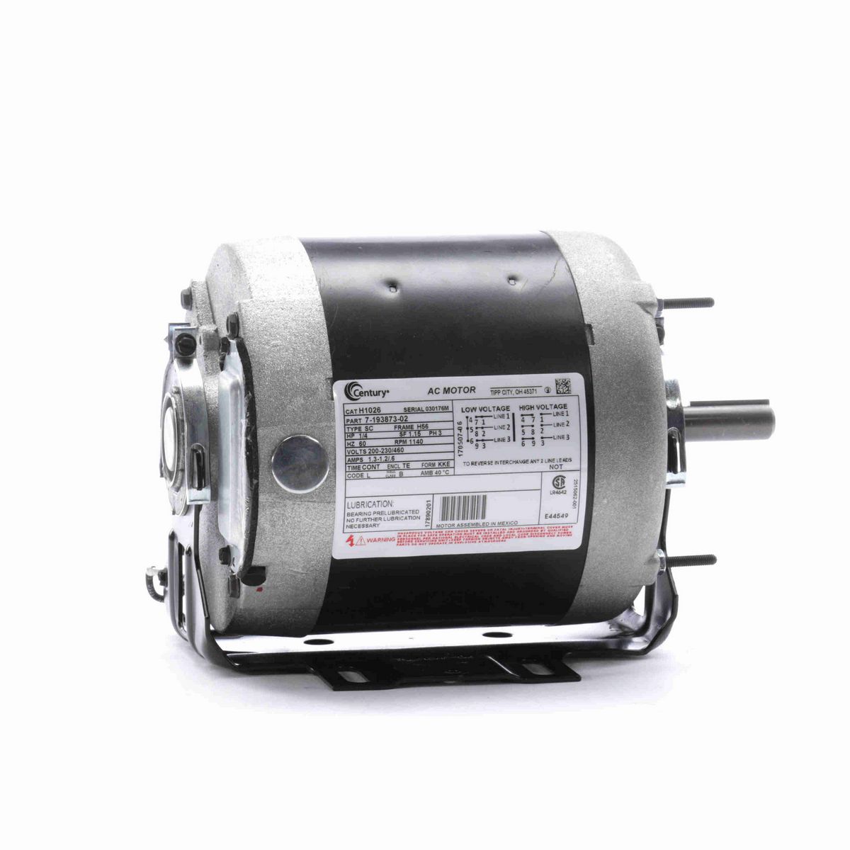 Century Fan and Blower Motor, 1/4 HP, 3 Ph, 60 Hz, 200-230/460 V, 1200 RPM, H56 Frame, TENV - H1026