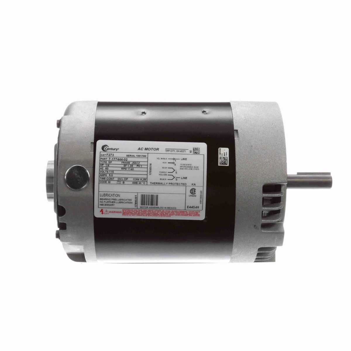 Century Ventilation Motor, 1/4 HP, 1 Ph, 60 Hz, 115 V, 1200 RPM, J56CZ Frame, DP - F273