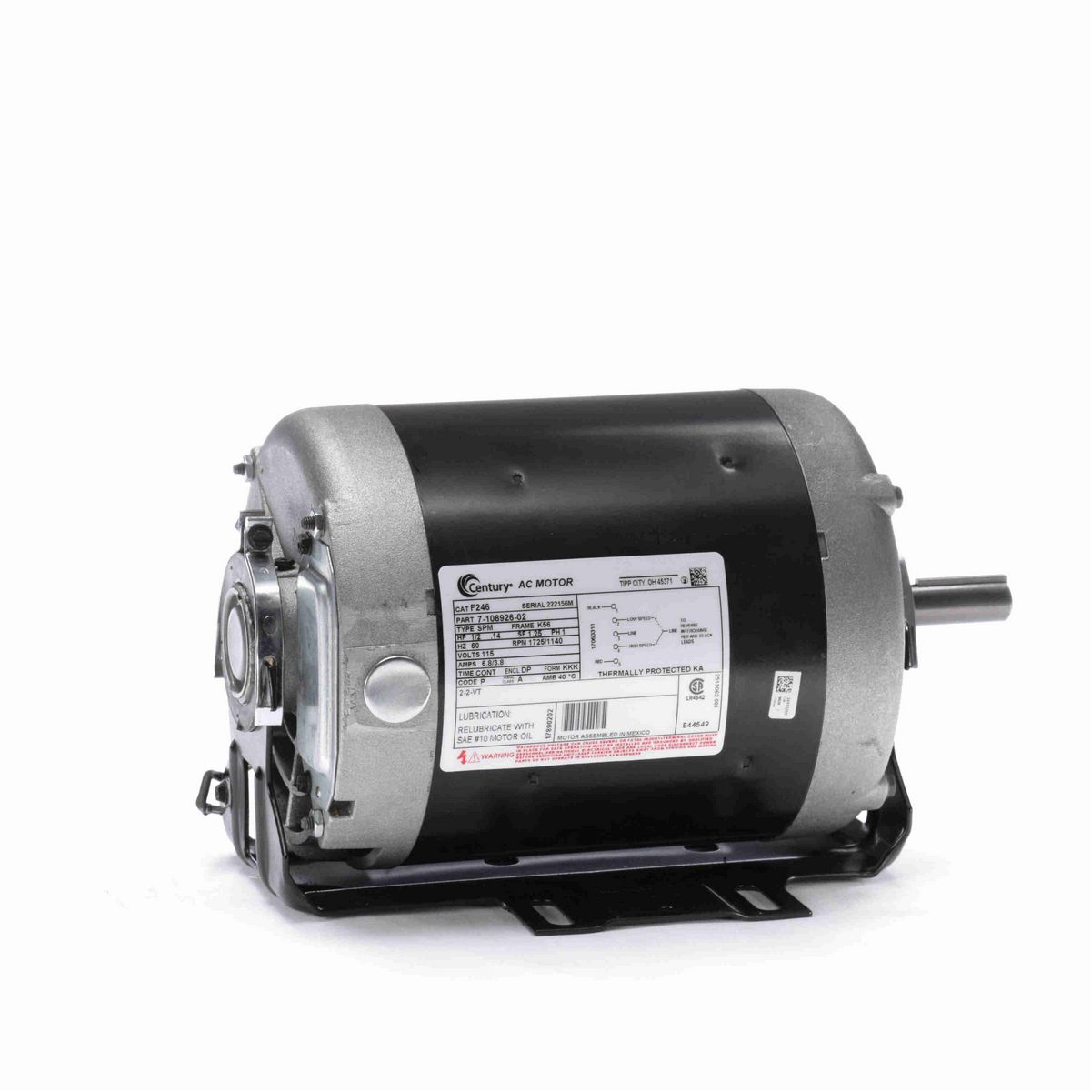 Century Fan and Blower Motor, 1/2-.14 HP, 1 Ph, 60 Hz, 115 V, 1800 RPM, K56 Frame, DP - F246