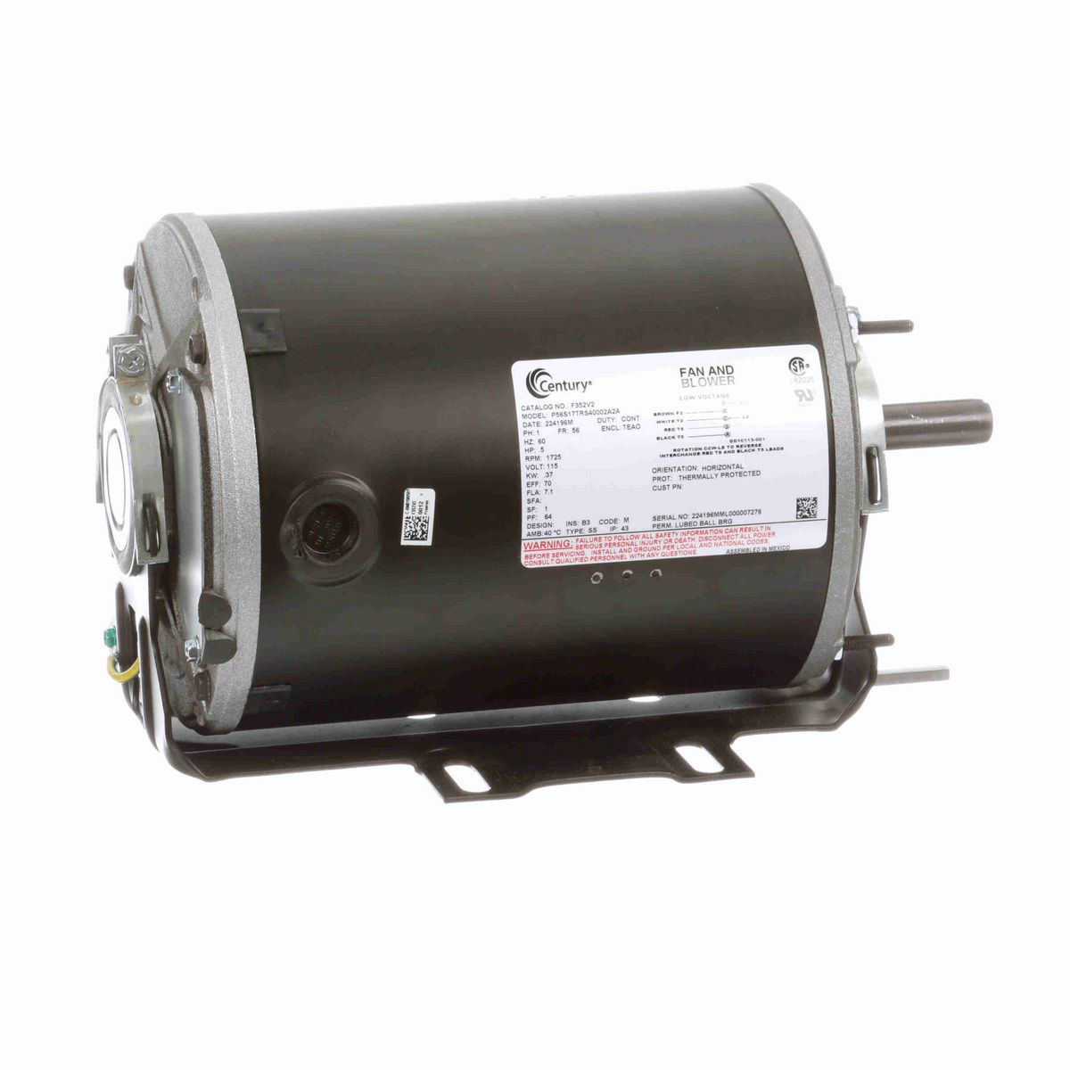 Century Fan and Blower Motor, .5 HP, 1 Ph, 60 Hz, 115 V, 1800 RPM, 56 Frame, TEAO - F352V2