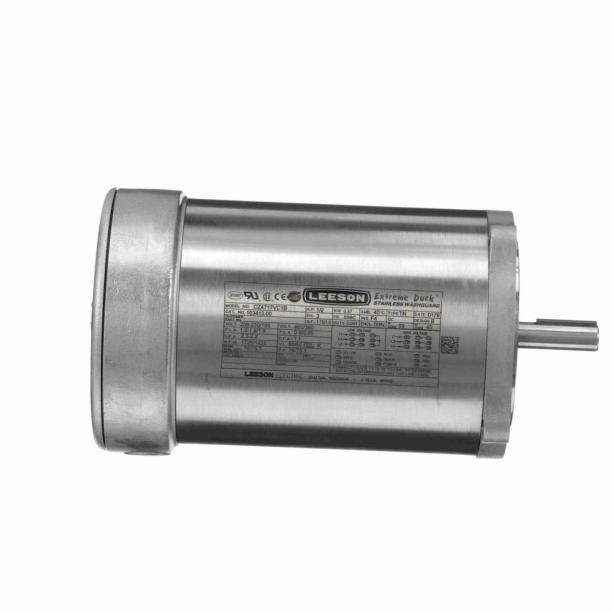 LEESON Extreme Duck® Ultra General Purpose Motor, 0.50 & 0.50 HP, 3 Ph, 60 & 50 Hz, 230/460 & 190/380 V, 1800 & 1500 RPM, S56C Frame, TENV - 103413.00